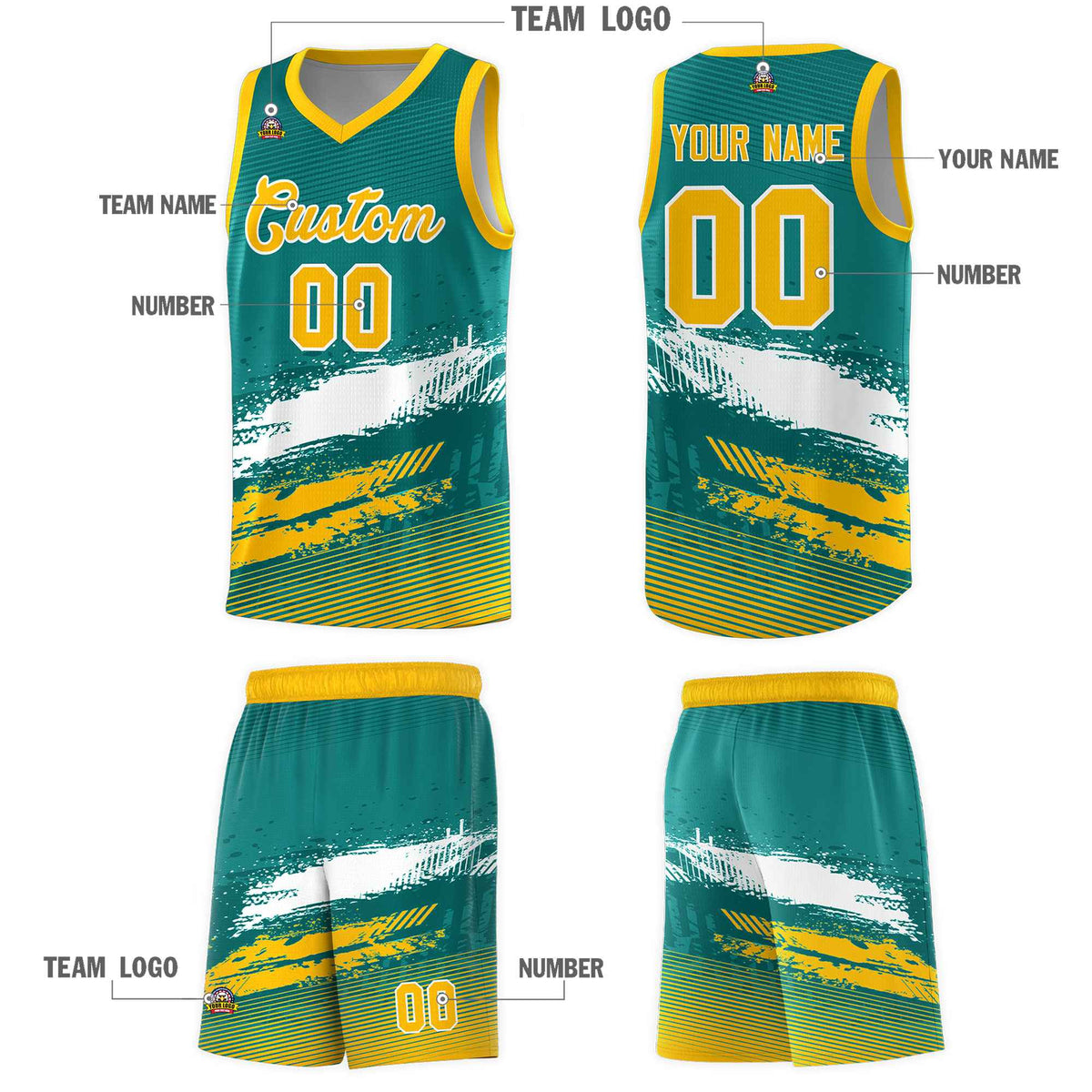 Custom Aqua White and Yellow Graffiti Pattern Sports Uniform Basketball Jersey|KXKSHOP
