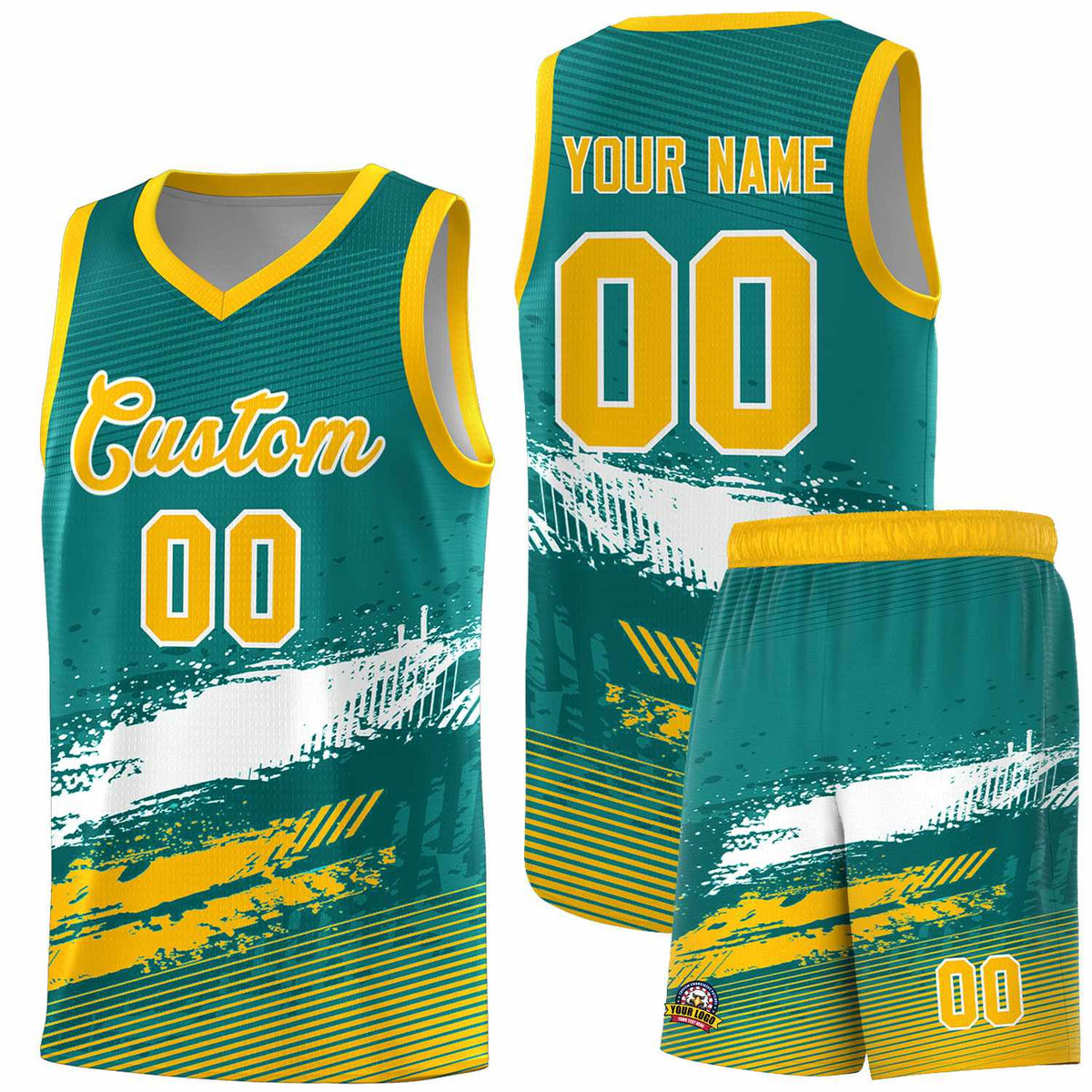 Custom Aqua White and Yellow Graffiti Pattern Sports Uniform Basketball Jersey|KXKSHOP