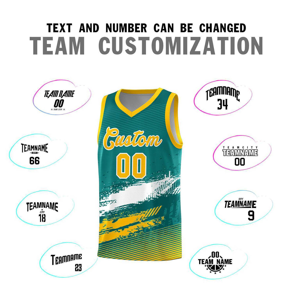 Custom Aqua White and Yellow Graffiti Pattern Sports Uniform Basketball Jersey|KXKSHOP