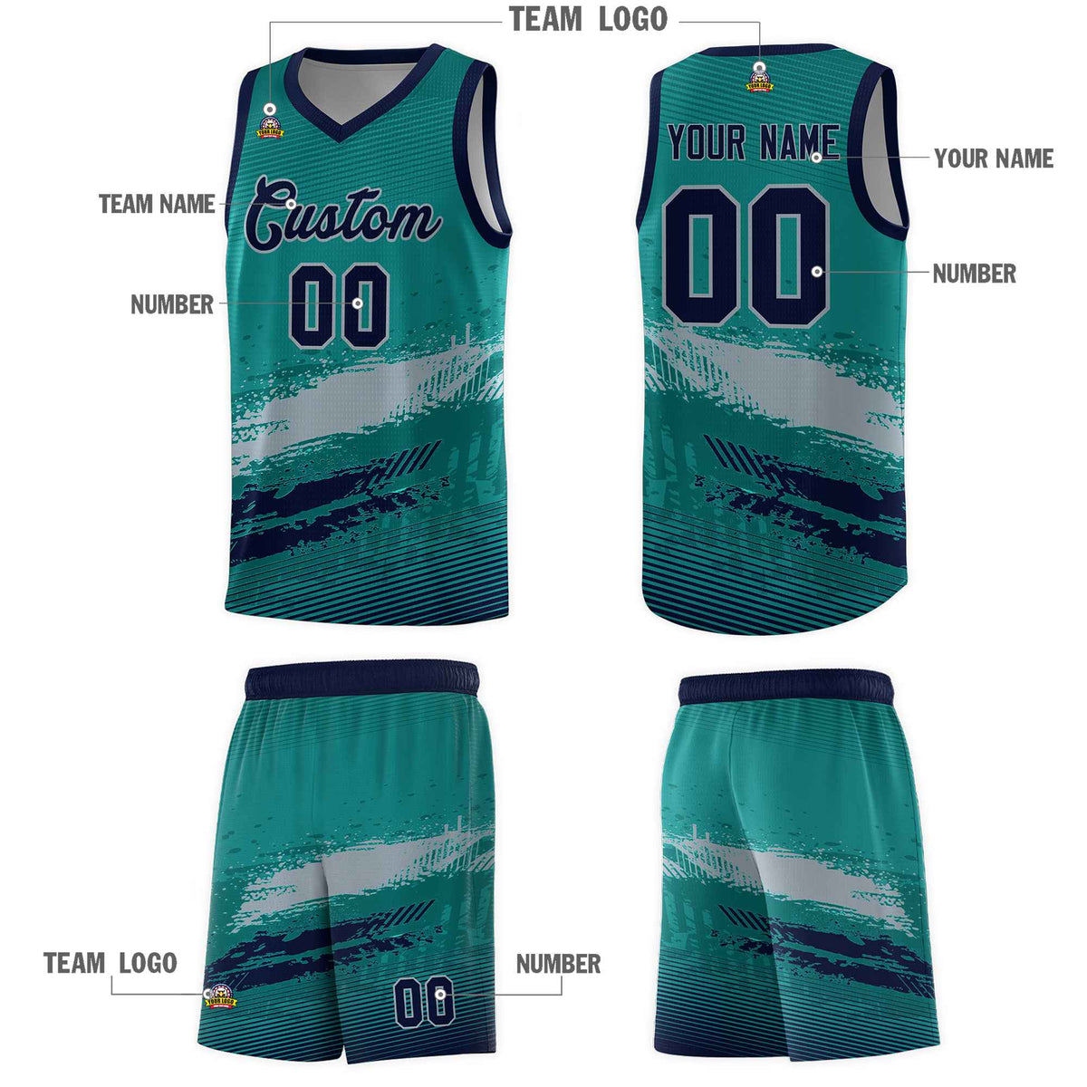 Custom Aqua Gray and Navy Graffiti Pattern Sports Uniform Basketball Jersey|KXKSHOP
