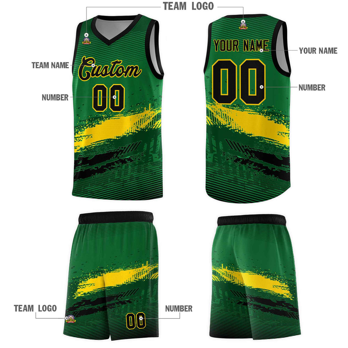Custom Kelly Green Gold and Black Graffiti Pattern Sports Uniform Basketball Jersey|KXKSHOP