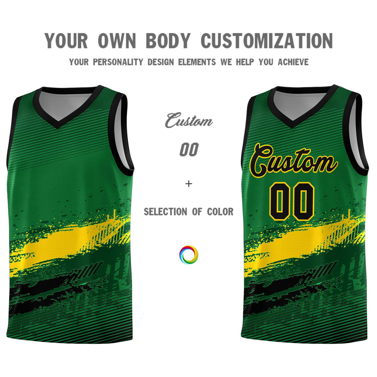 Custom Kelly Green Gold and Black Graffiti Pattern Sports Uniform Basketball Jersey|KXKSHOP