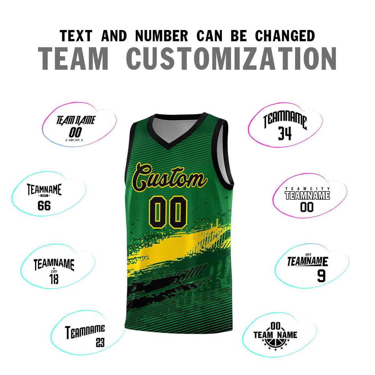 Custom Kelly Green Gold and Black Graffiti Pattern Sports Uniform Basketball Jersey|KXKSHOP