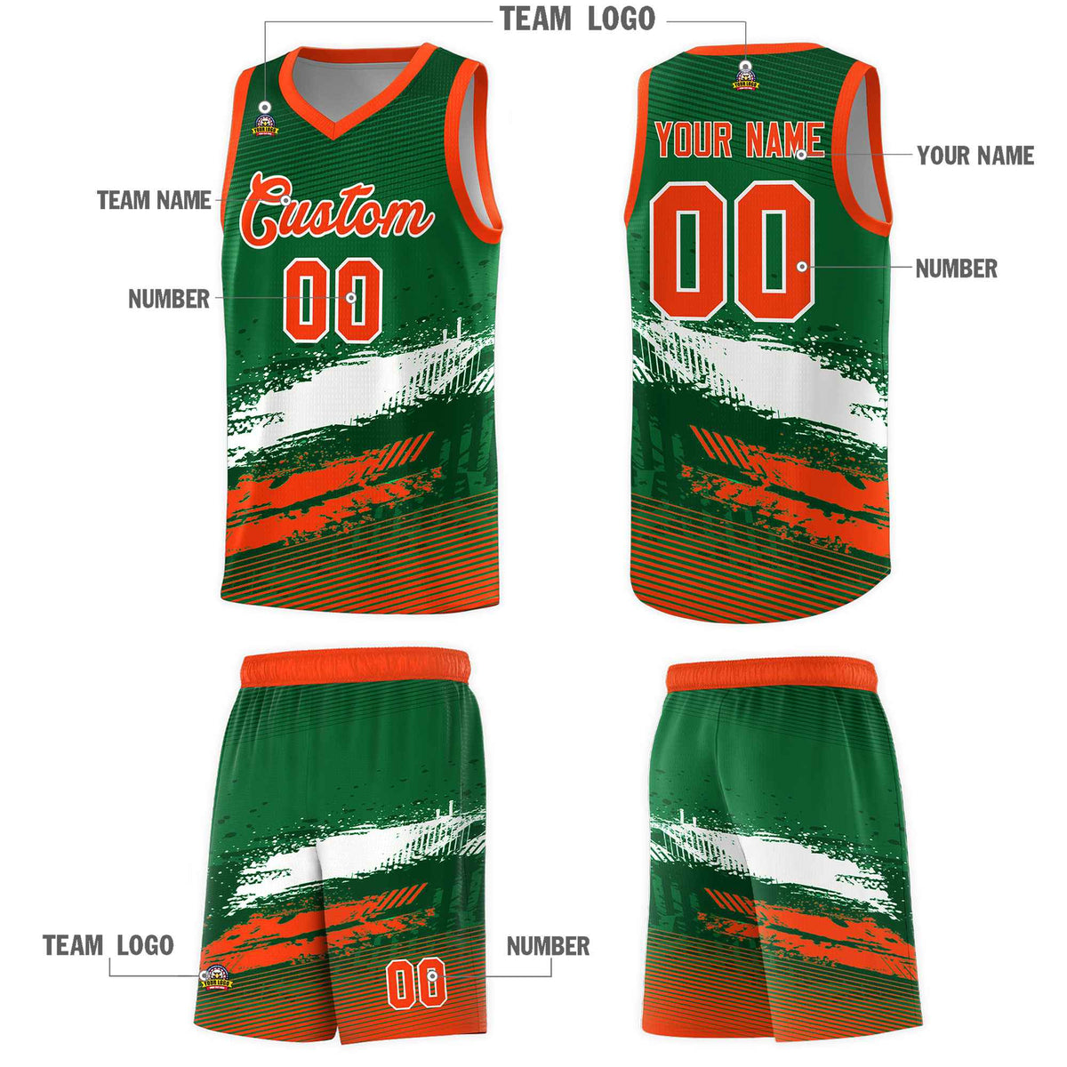 Custom Kelly Green White and Orange Graffiti Pattern Sports Uniform Basketball Jersey|KXKSHOP