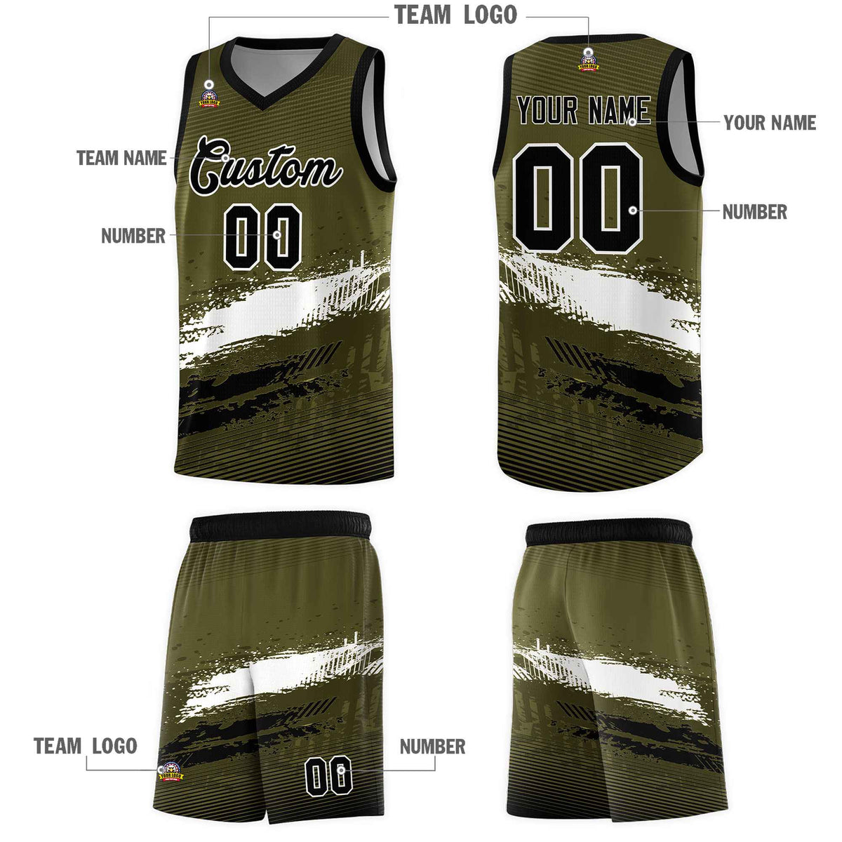 Custom Olive White and Black Graffiti Pattern Sports Uniform Basketball Jersey|KXKSHOP