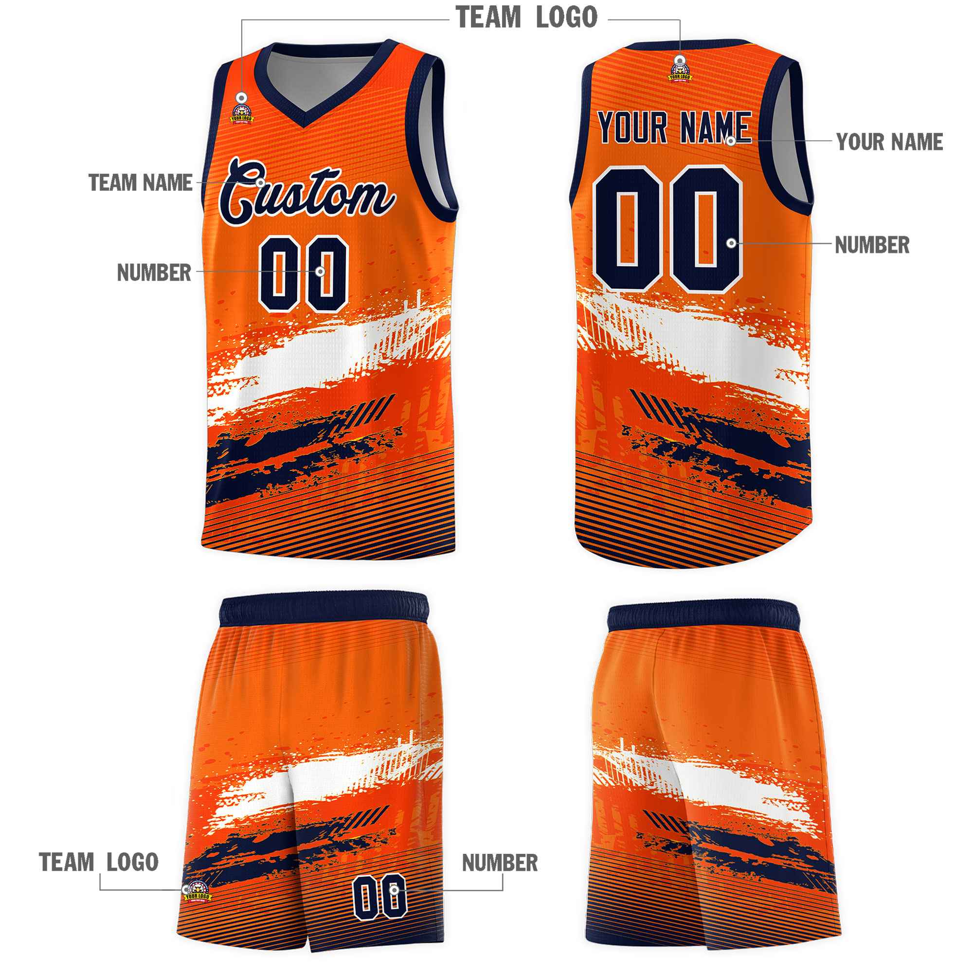 Custom Orange White and Navy Graffiti Pattern Sports Uniform Basketball Jersey|KXKSHOP