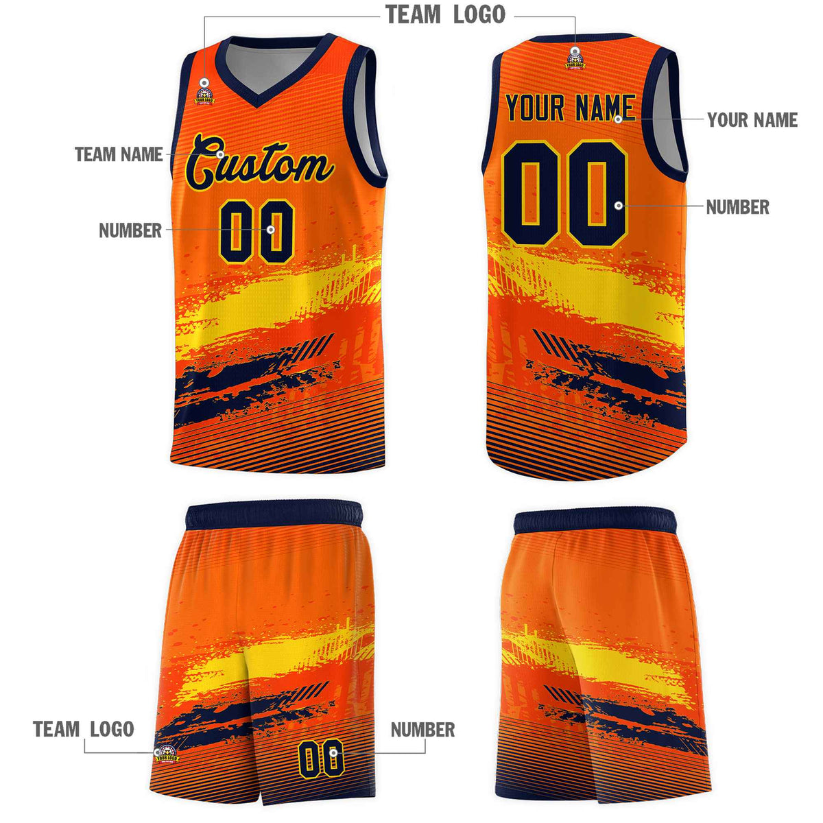 Custom Orange Gold and Navy Graffiti Pattern Sports Uniform Basketball Jersey|KXKSHOP