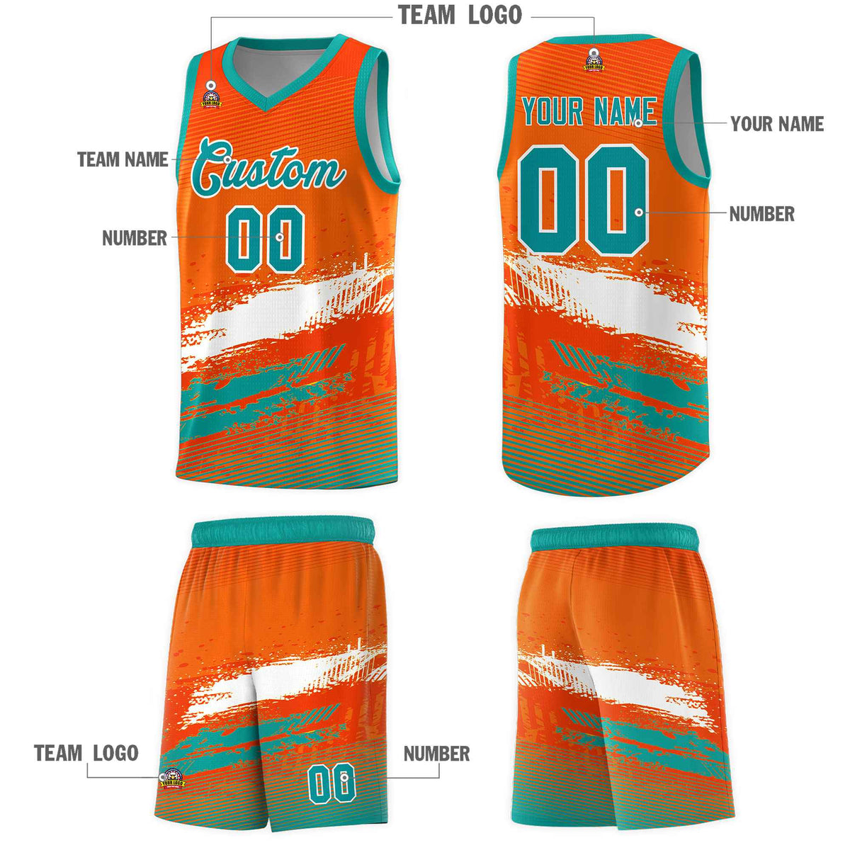 Custom Orange White and Aqua Graffiti Pattern Sports Uniform Basketball Jersey|KXKSHOP