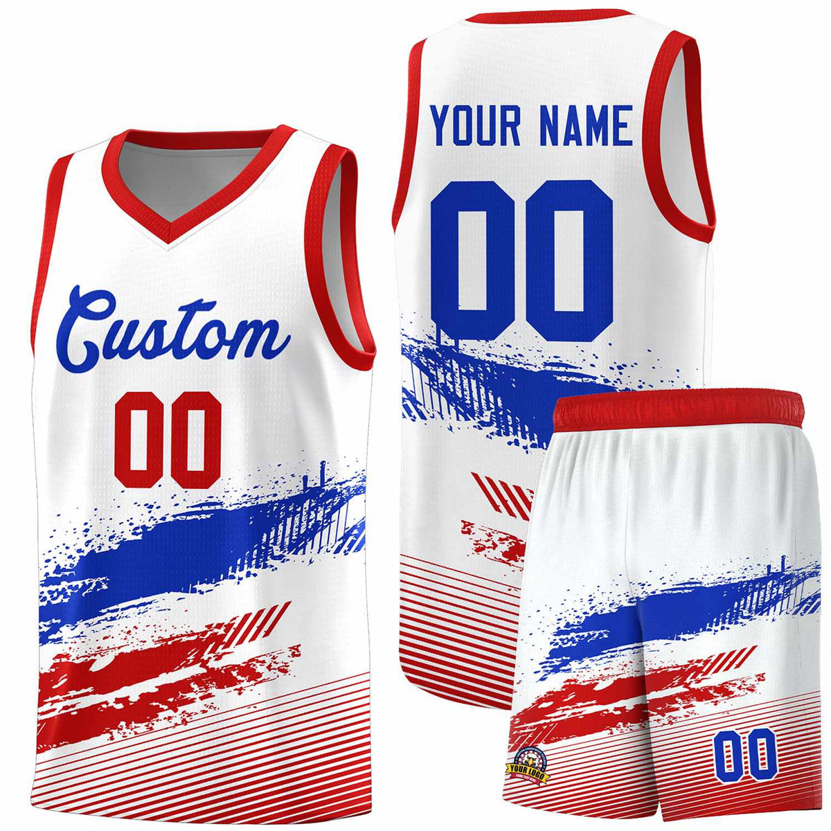 Custom White Royal and Red Graffiti Pattern Sports Uniform Basketball Jersey|KXKSHOP