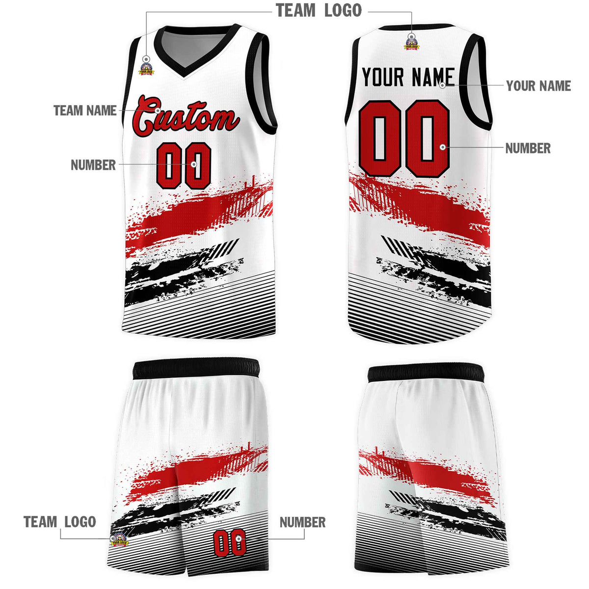 Custom White Red and Black Graffiti Pattern Sports Uniform Basketball Jersey|KXKSHOP