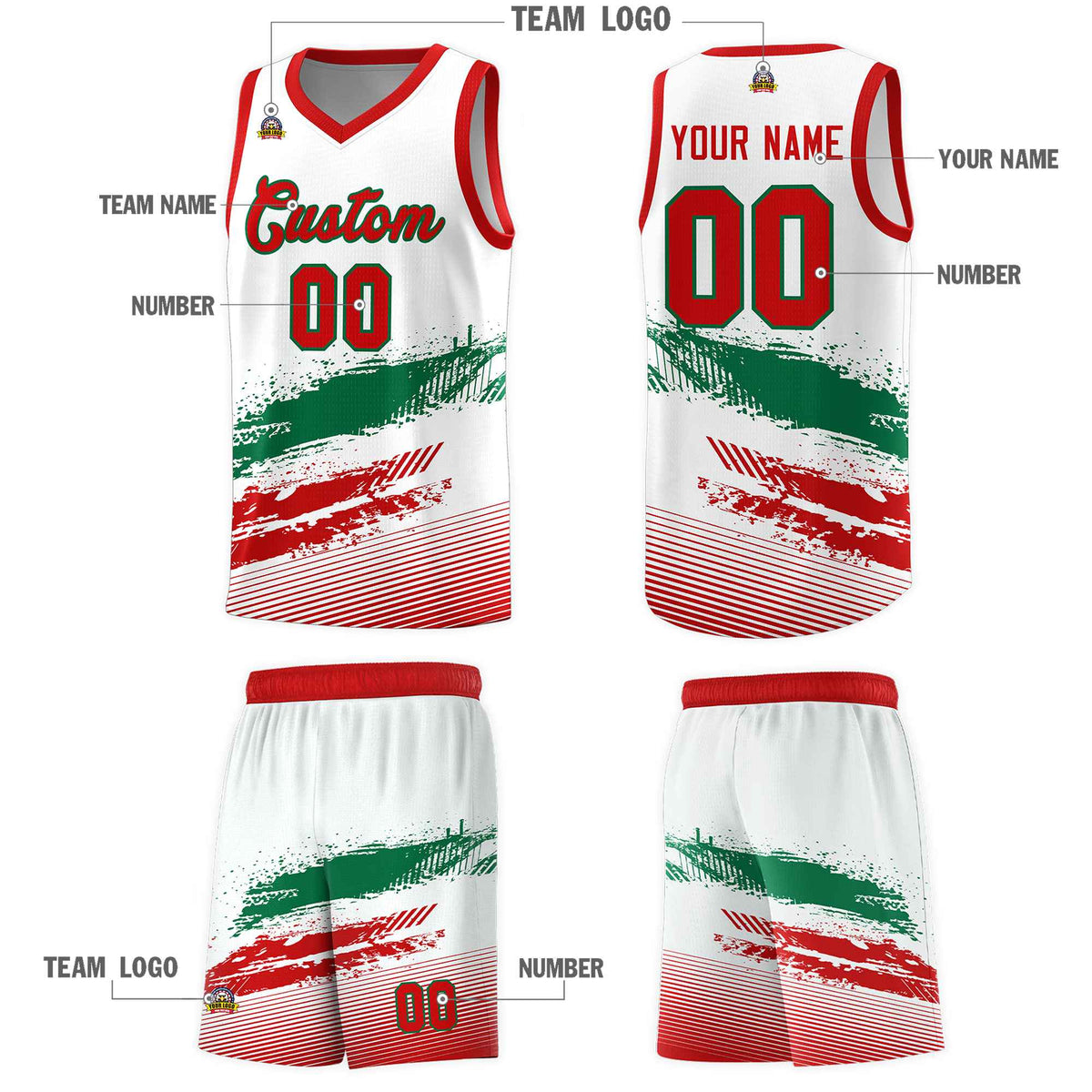 Custom White Kelly Green and Red Graffiti Pattern Sports Uniform Basketball Jersey|KXKSHOP