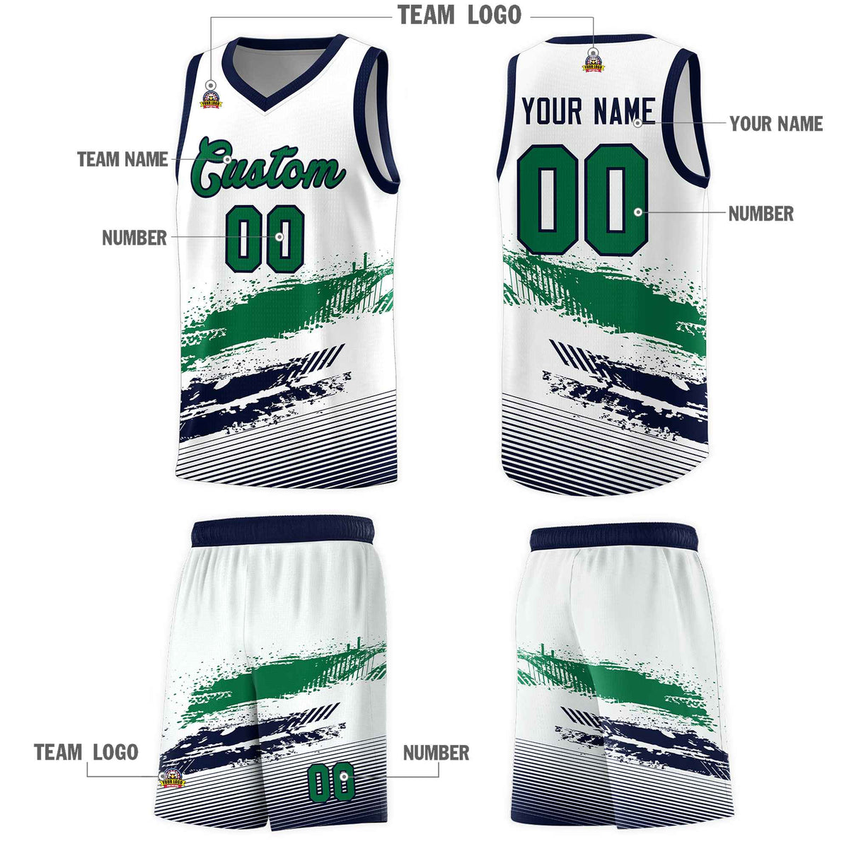 Custom White Kelly Green and Navy Graffiti Pattern Sports Uniform Basketball Jersey|KXKSHOP