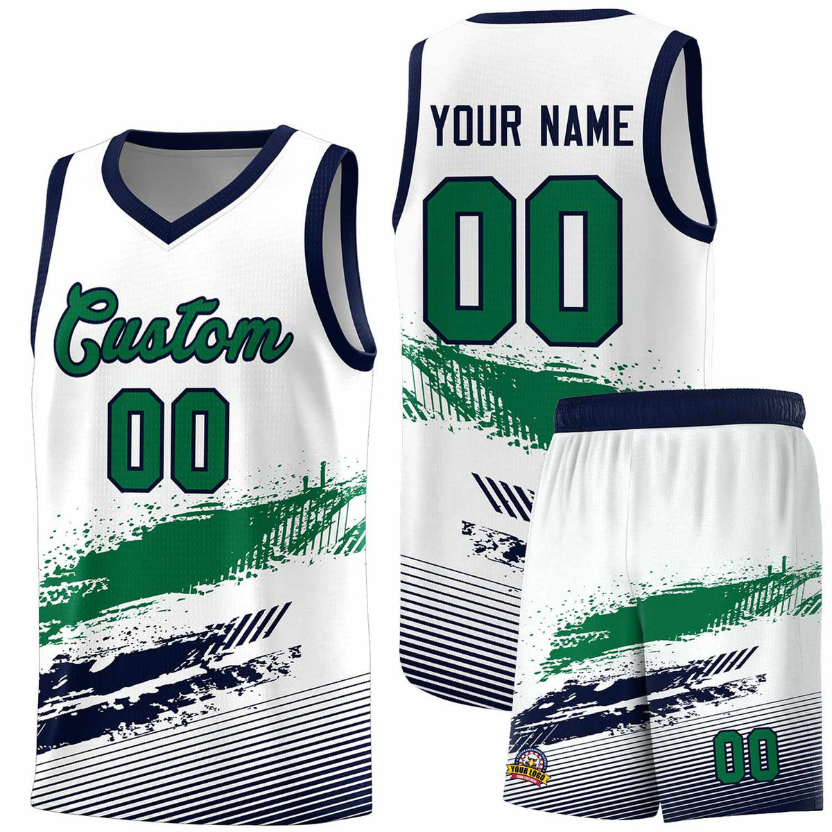 Custom White Kelly Green and Navy Graffiti Pattern Sports Uniform Basketball Jersey|KXKSHOP