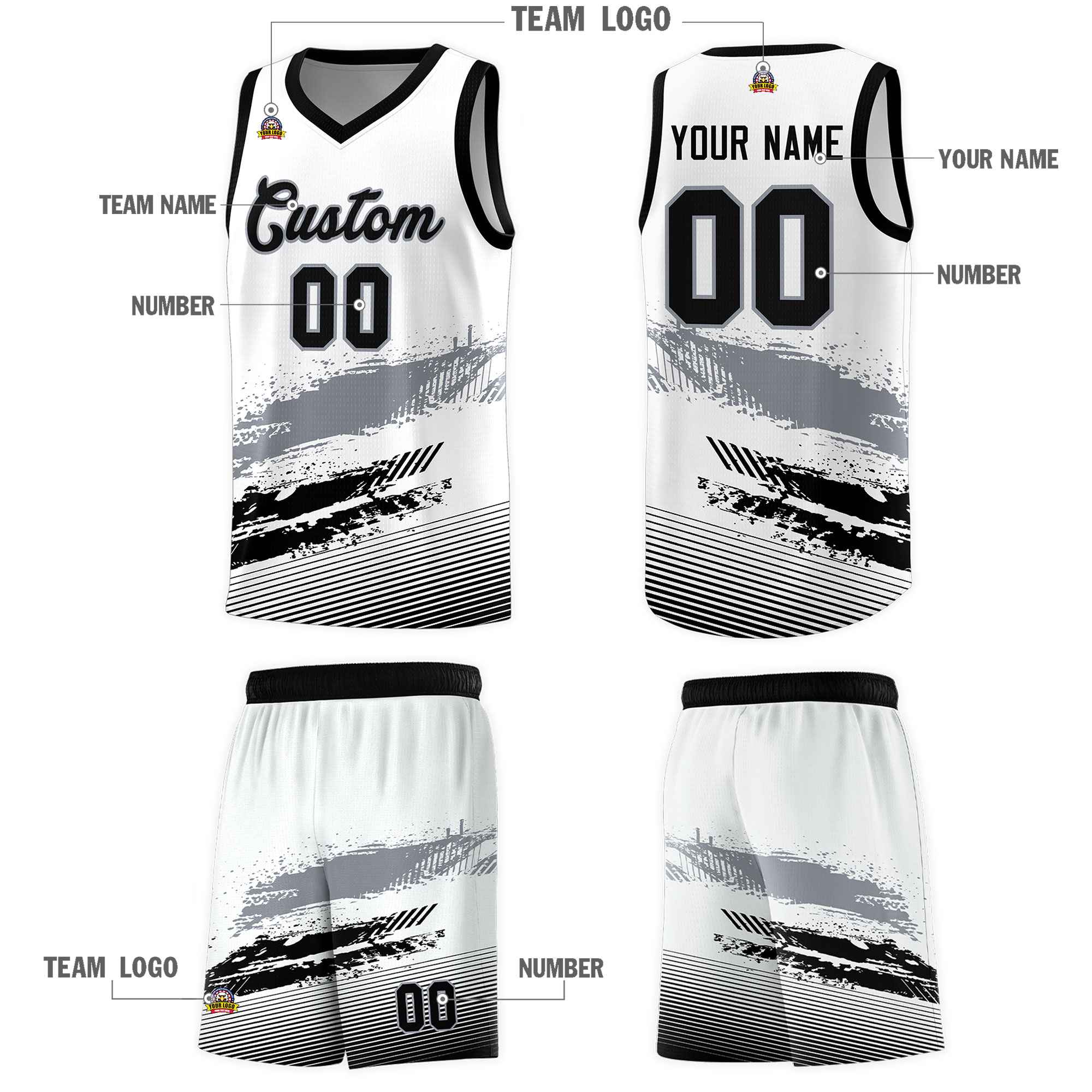 Custom White Gray and Black Graffiti Pattern Sports Uniform Basketball Jersey|KXKSHOP
