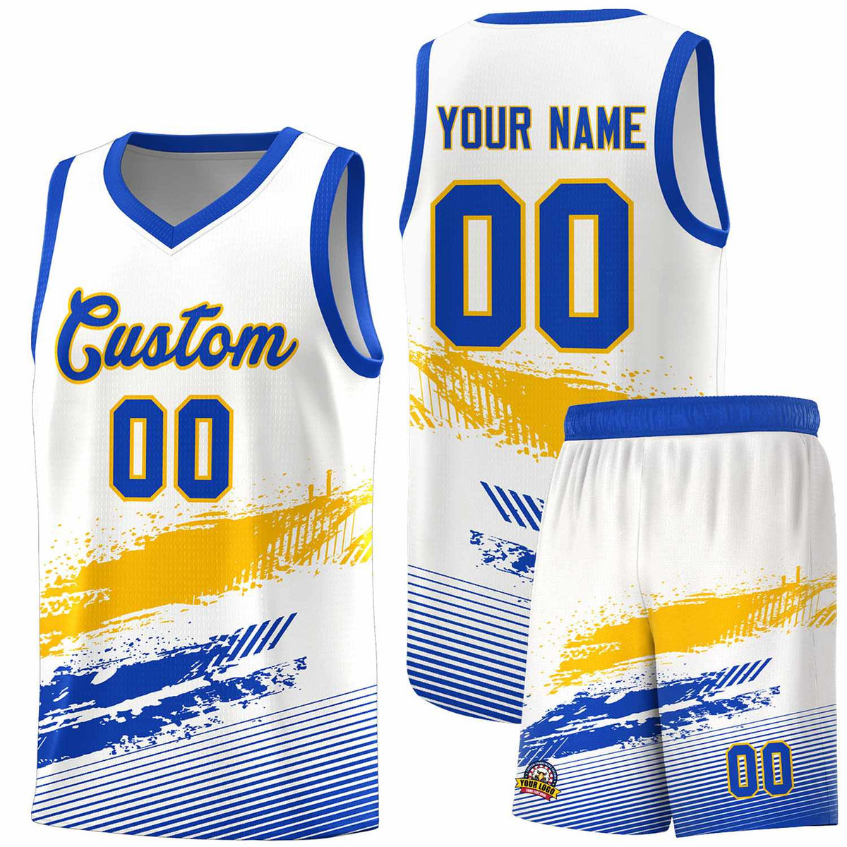 Custom White Yellow and Royal Graffiti Pattern Sports Uniform Basketball Jersey|KXKSHOP