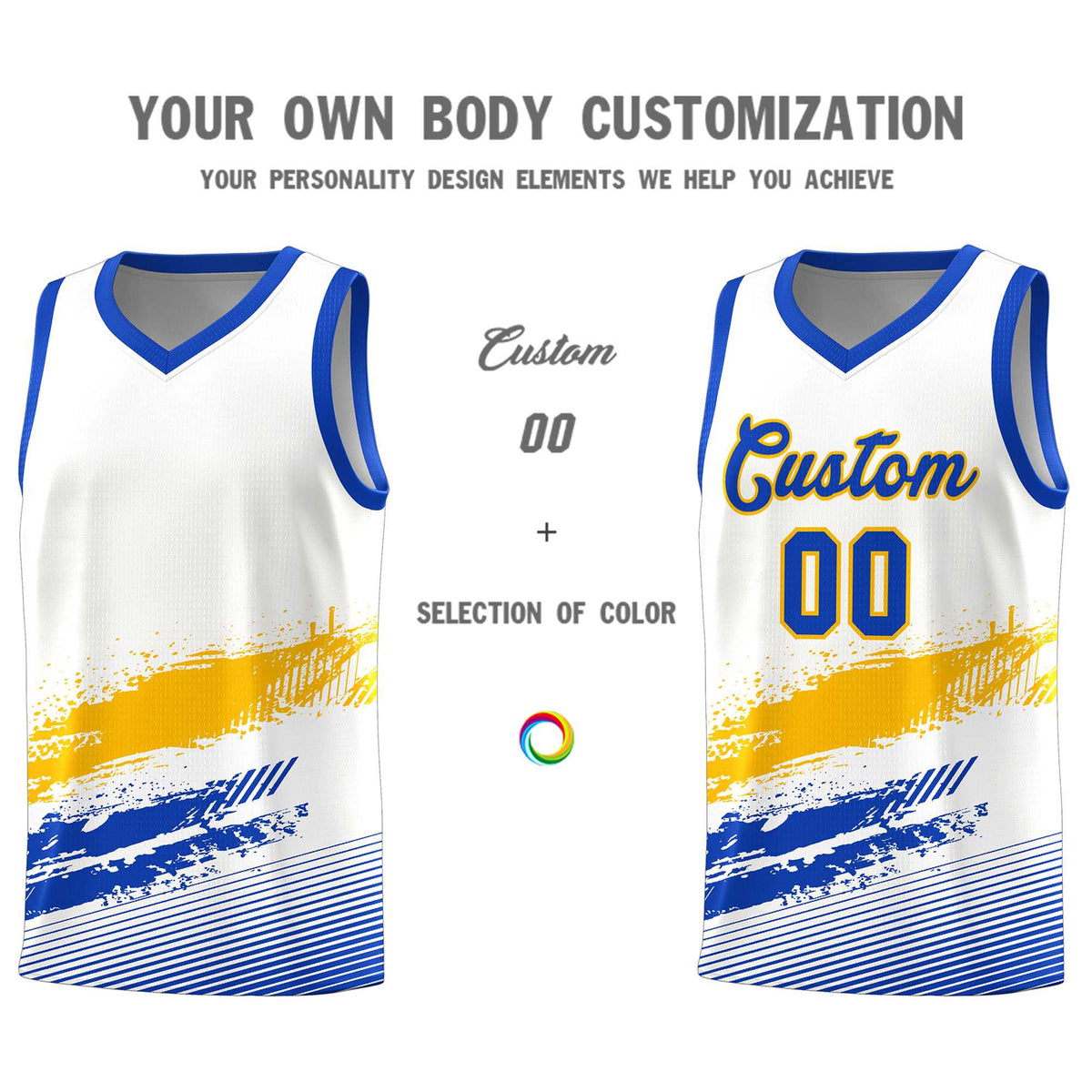 Custom White Yellow and Royal Graffiti Pattern Sports Uniform Basketball Jersey|KXKSHOP