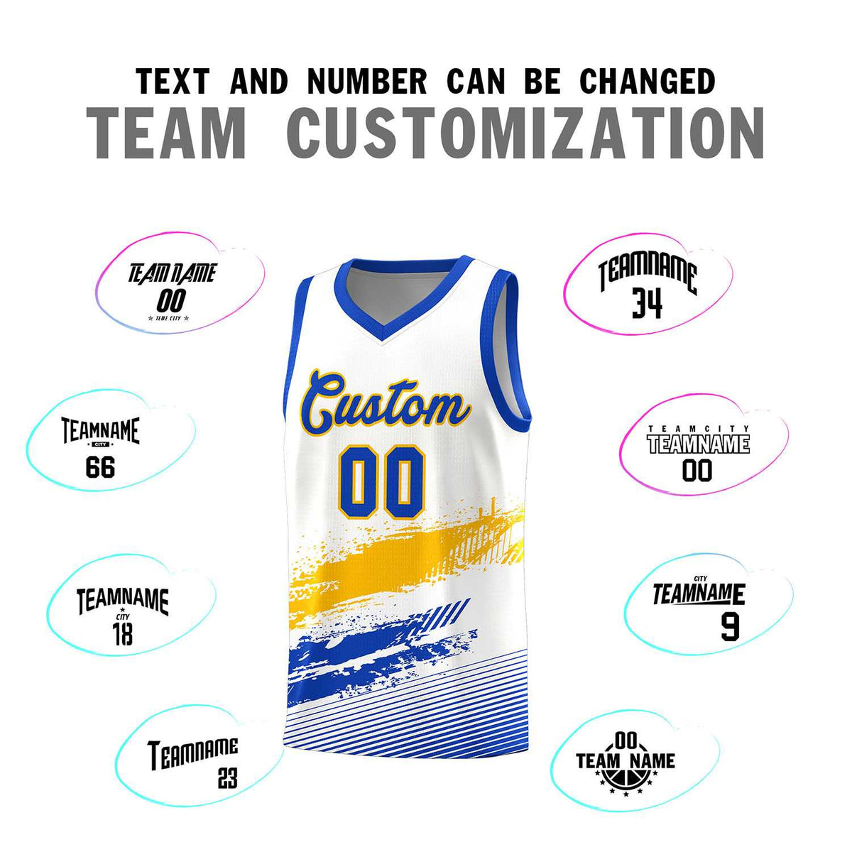 Custom White Yellow and Royal Graffiti Pattern Sports Uniform Basketball Jersey|KXKSHOP