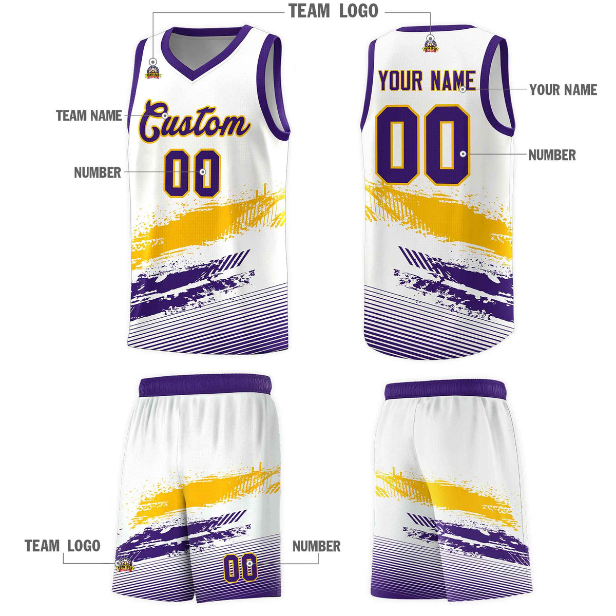 Custom White Yellow and Purple Graffiti Pattern Sports Uniform Basketball Jersey|KXKSHOP