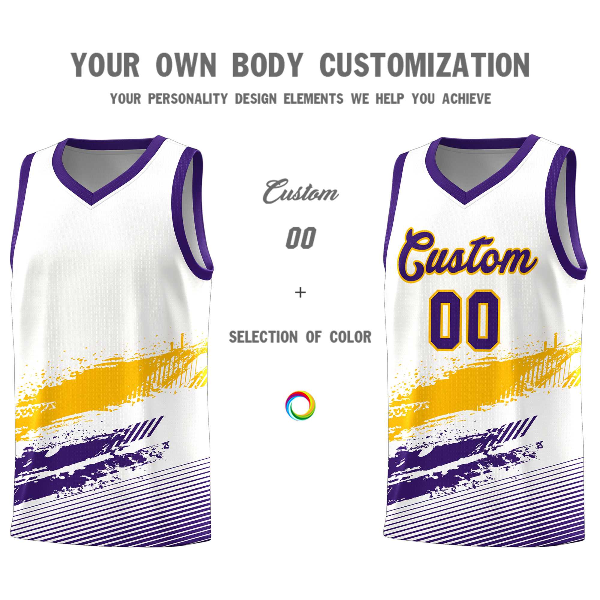 Custom White Yellow and Purple Graffiti Pattern Sports Uniform Basketball Jersey|KXKSHOP