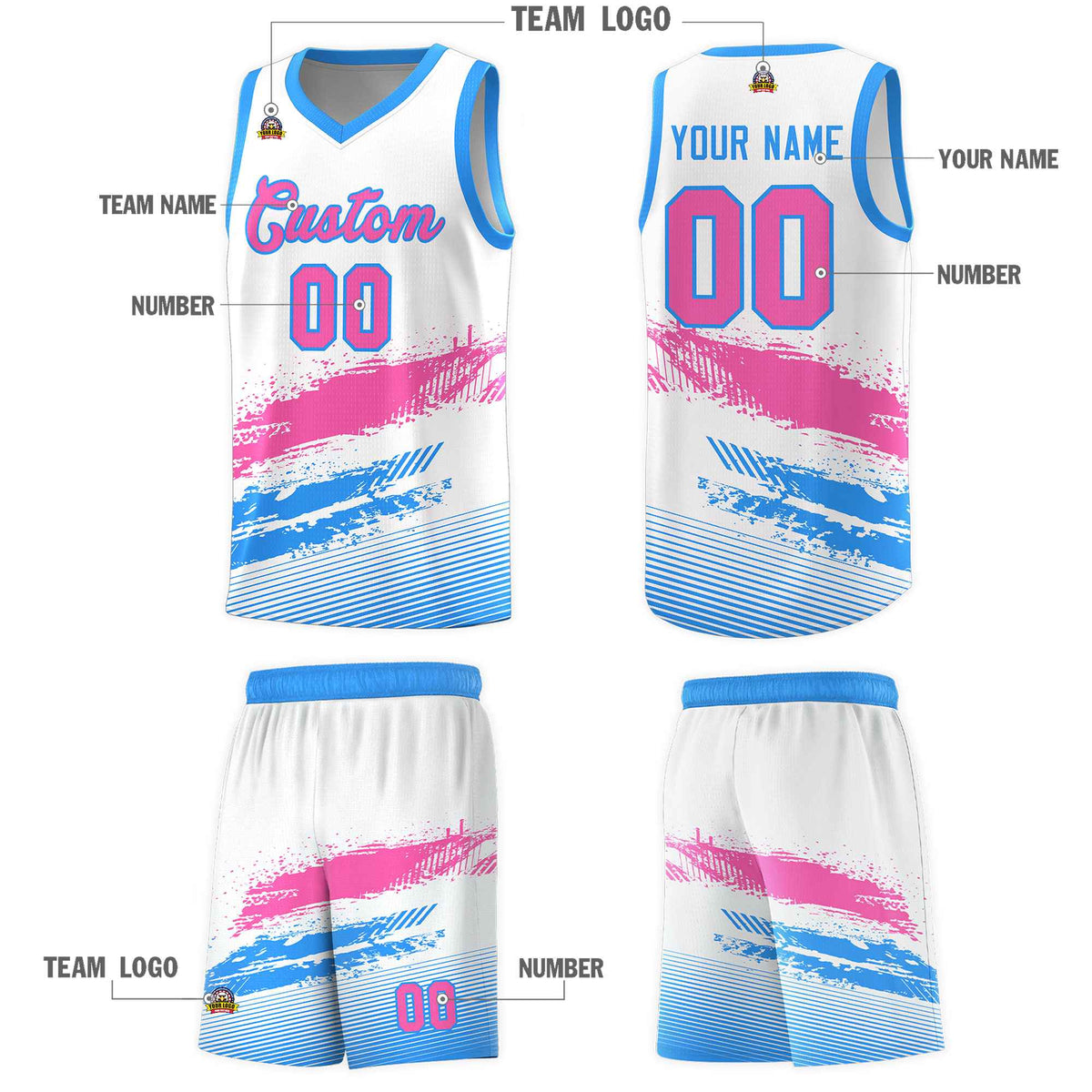 Custom White Pink and Powder Blue Graffiti Pattern Sports Uniform Basketball Jersey|KXKSHOP