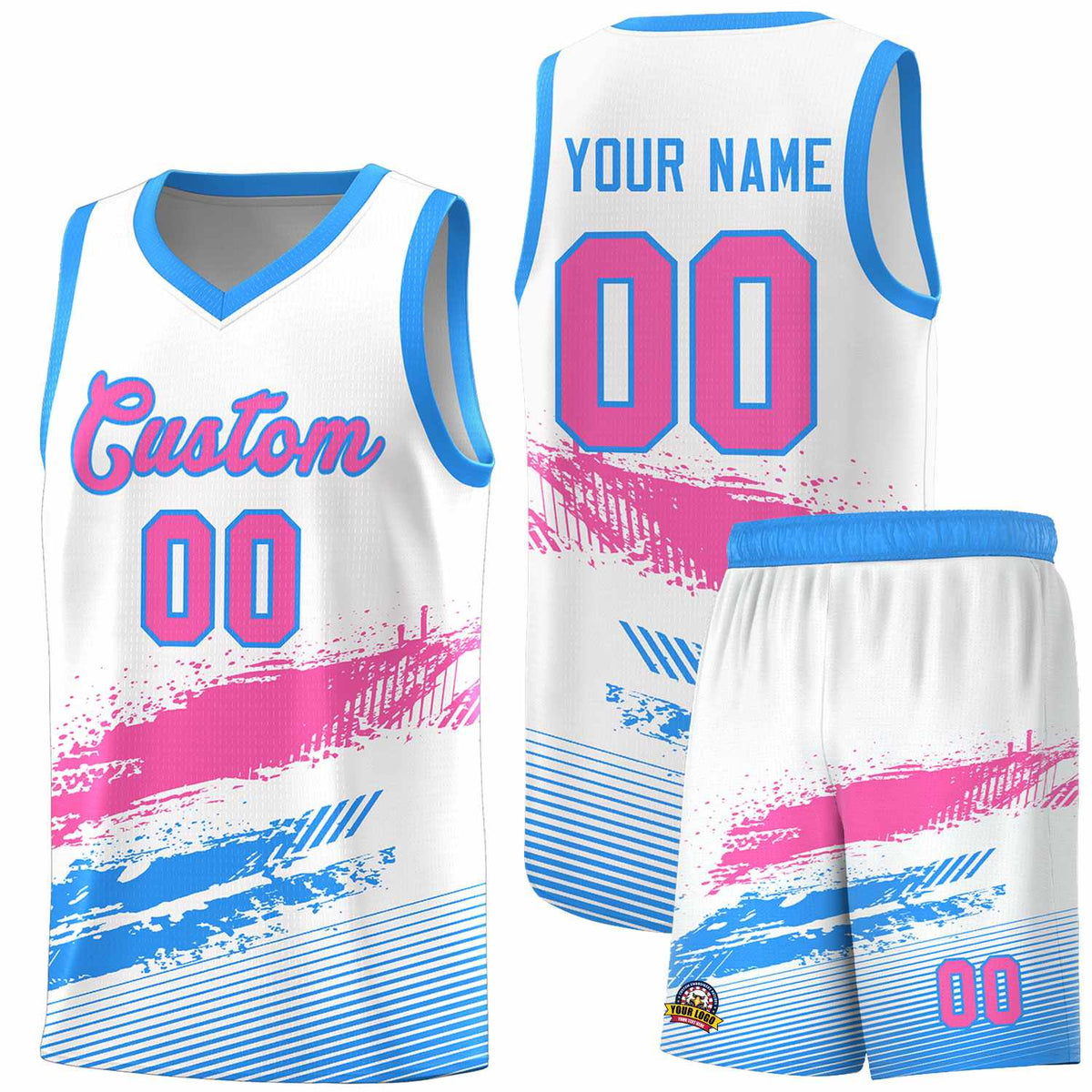Custom White Pink and Powder Blue Graffiti Pattern Sports Uniform Basketball Jersey|KXKSHOP