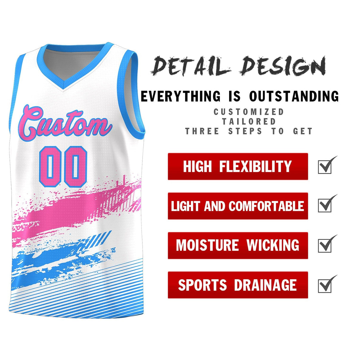 Custom White Pink and Powder Blue Graffiti Pattern Sports Uniform Basketball Jersey|KXKSHOP