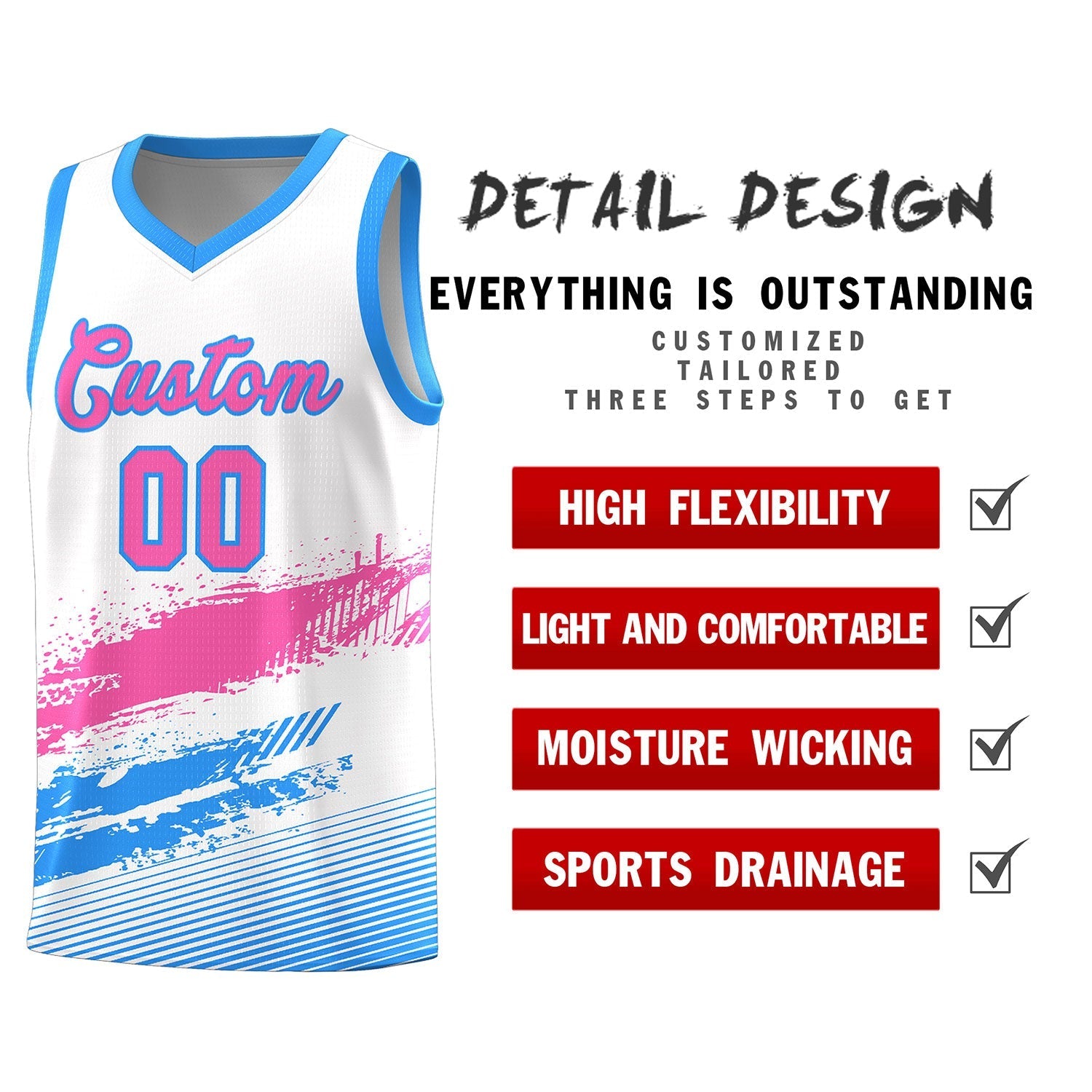 Custom White Pink and Powder Blue Graffiti Pattern Sports Uniform Basketball Jersey|KXKSHOP