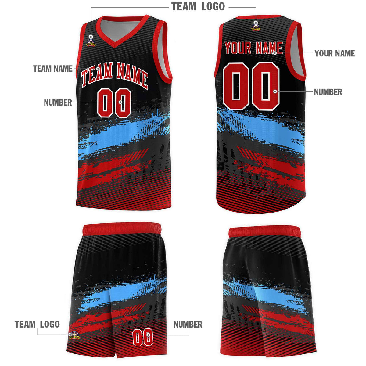Custom Black Powder Blue and Red Graffiti Pattern Sports Uniform Basketball Jersey|KXKSHOP
