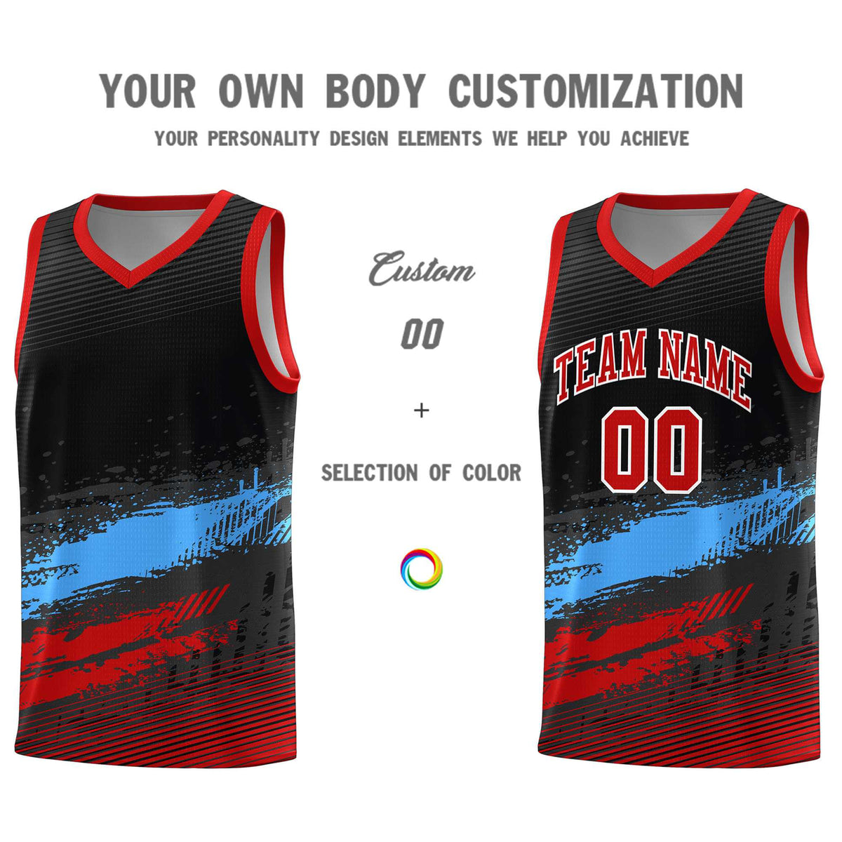 Custom Black Powder Blue and Red Graffiti Pattern Sports Uniform Basketball Jersey|KXKSHOP