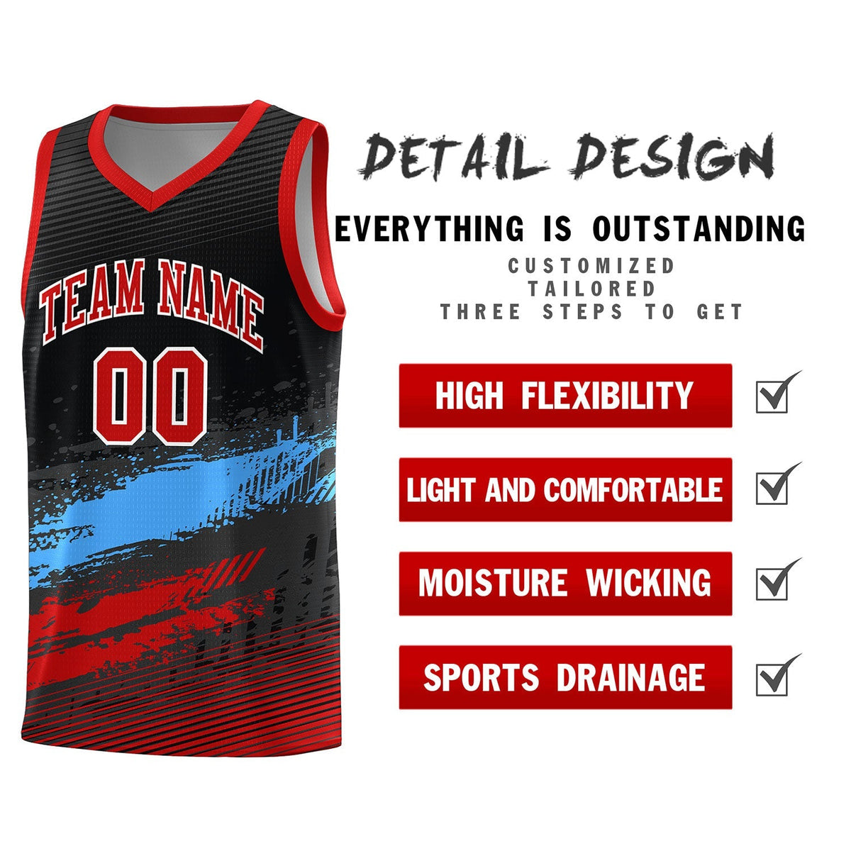 Custom Black Powder Blue and Red Graffiti Pattern Sports Uniform Basketball Jersey|KXKSHOP