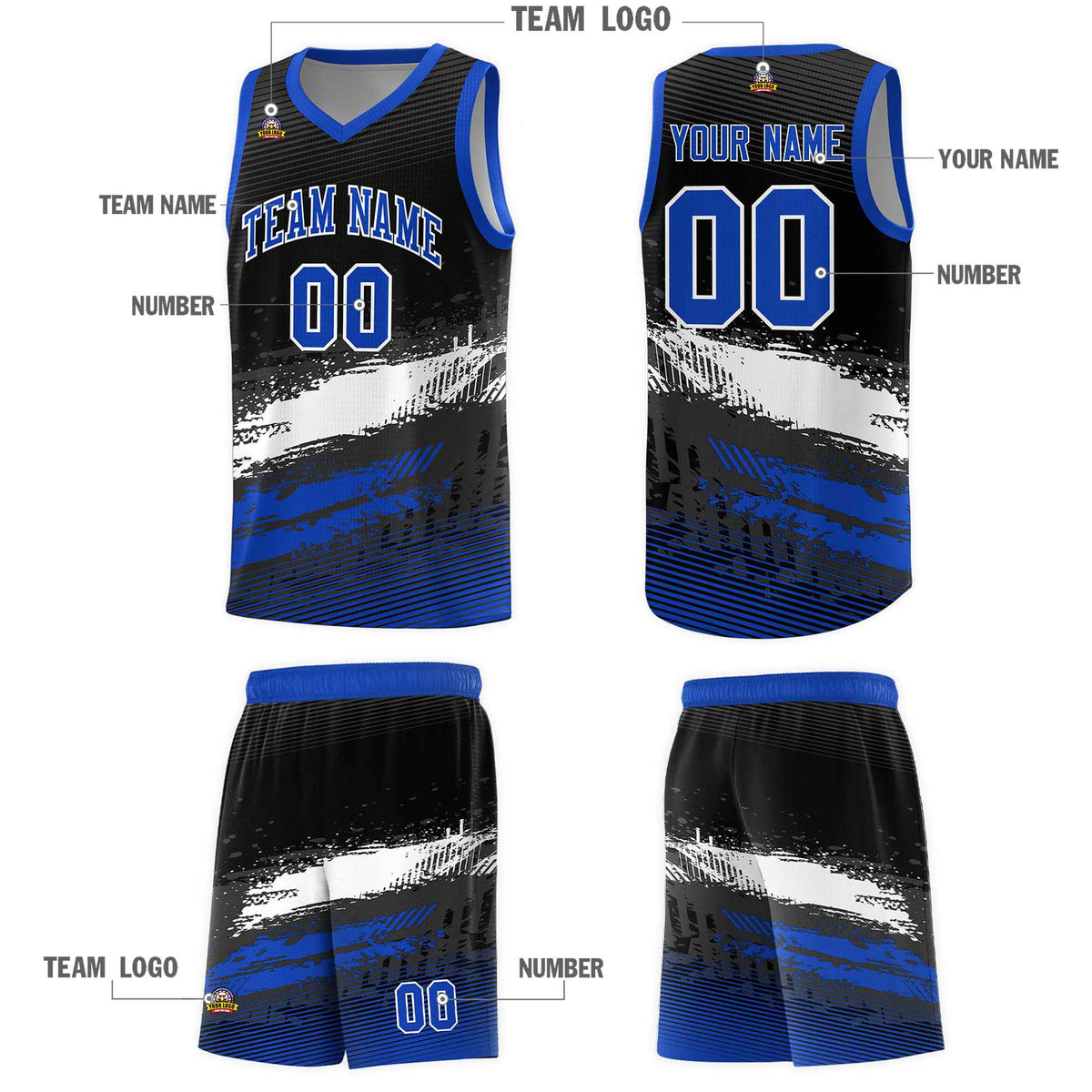 Custom Black White and Royal Graffiti Pattern Sports Uniform Basketball Jersey|KXKSHOP