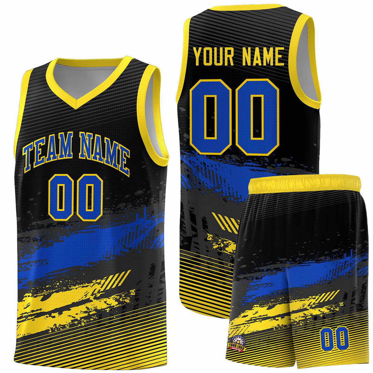 Custom Black Royal and Gold Graffiti Pattern Sports Uniform Basketball Jersey|KXKSHOP