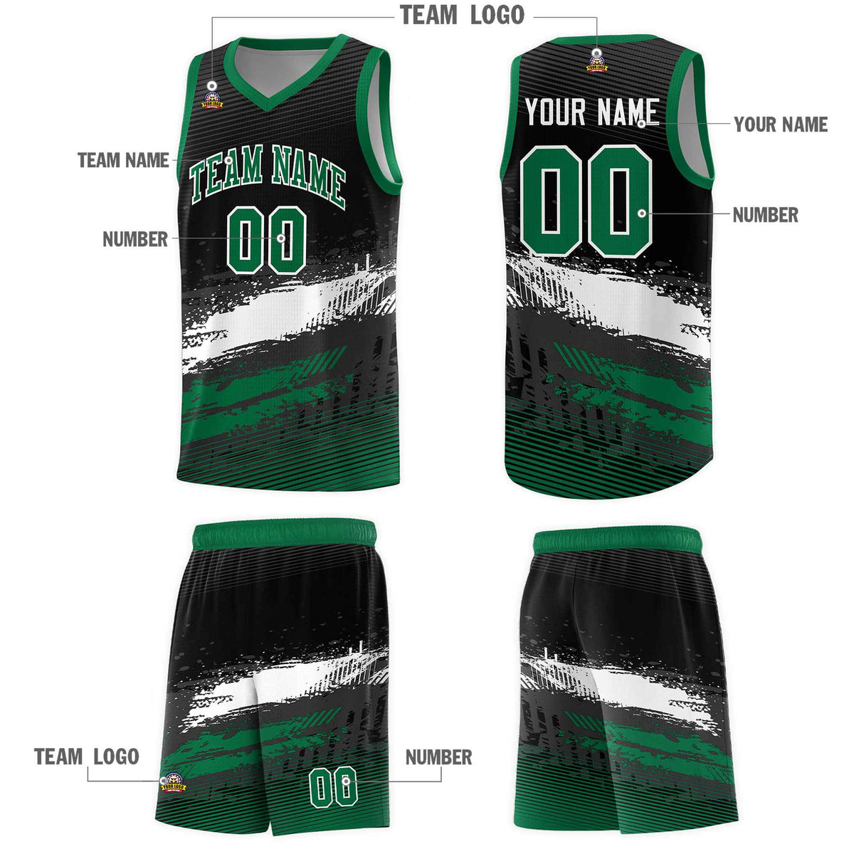 Custom Black White and Kelly Green Graffiti Pattern Sports Uniform Basketball Jersey|KXKSHOP