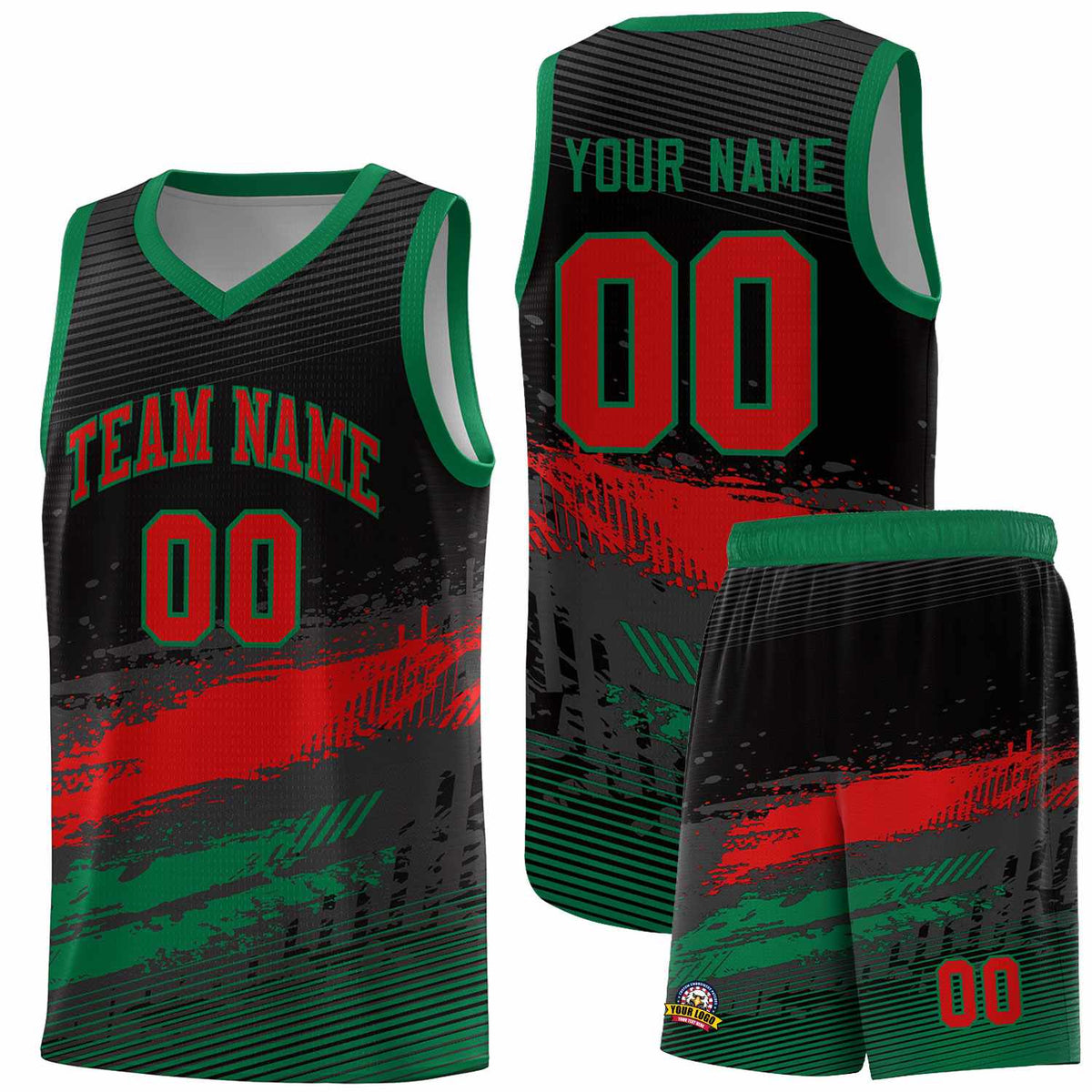 Custom Black Red and Kelly Green Graffiti Pattern Sports Uniform Basketball Jersey|KXKSHOP