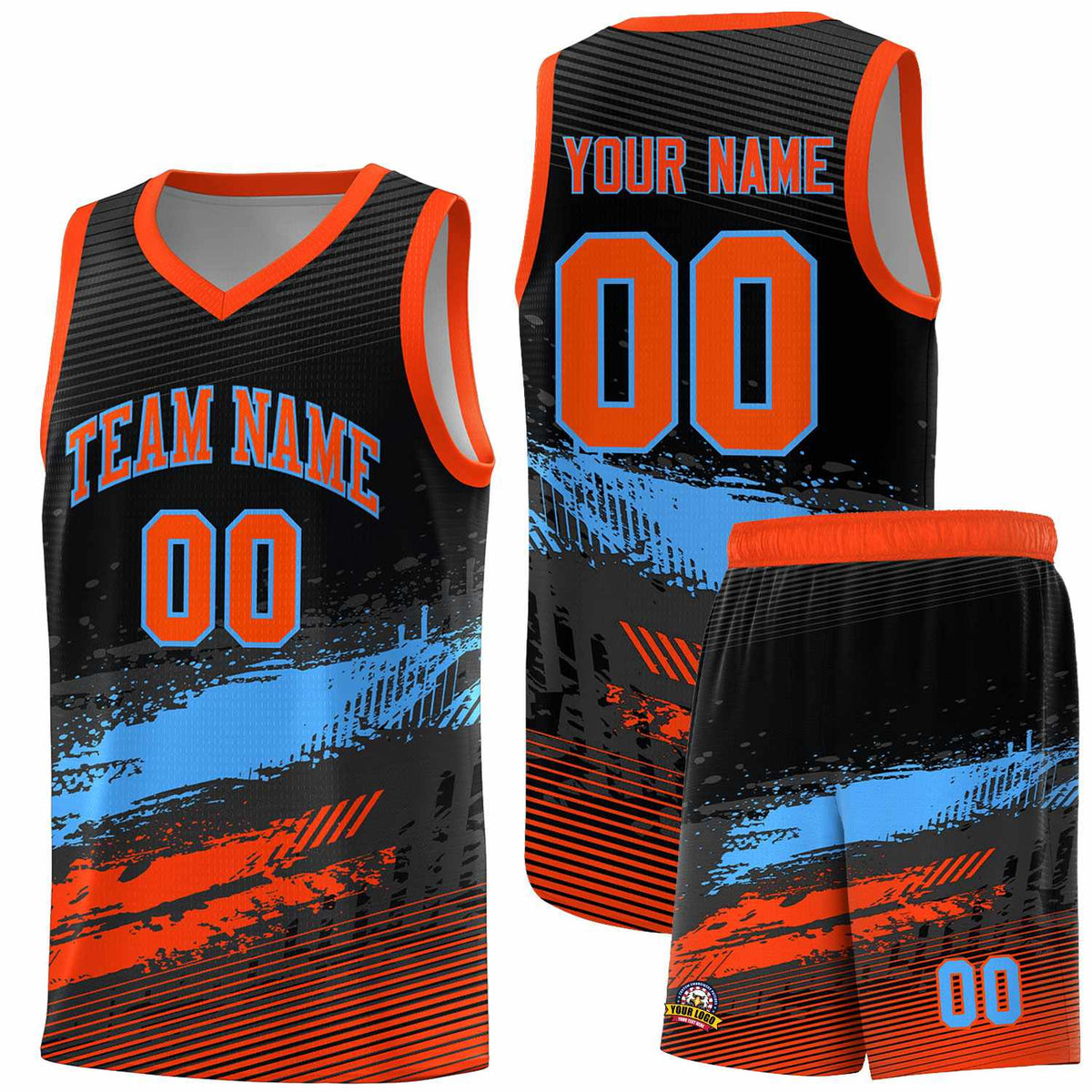 Custom Black Powder Blue and Orange Graffiti Pattern Sports Uniform Basketball Jersey|KXKSHOP