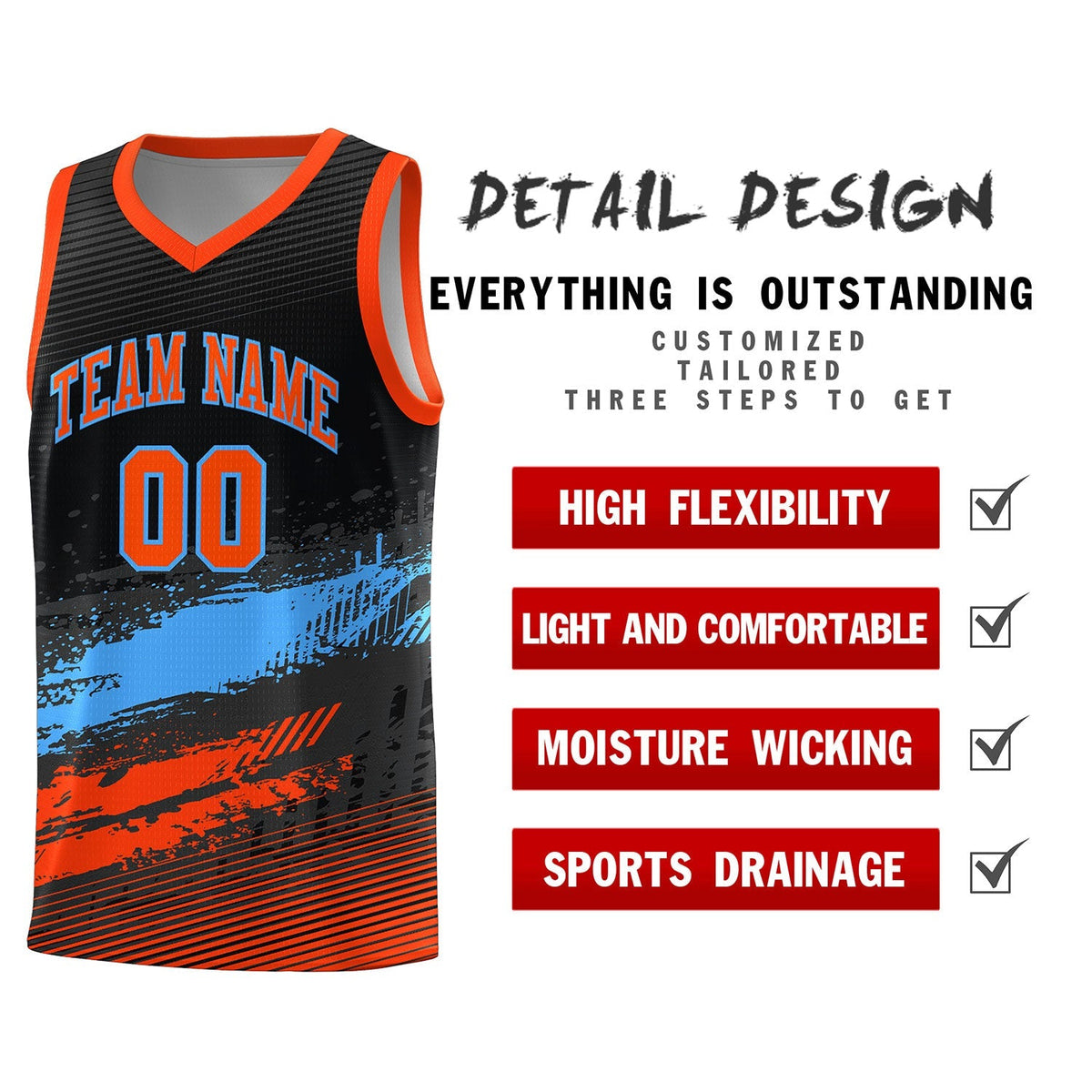 Custom Black Powder Blue and Orange Graffiti Pattern Sports Uniform Basketball Jersey|KXKSHOP
