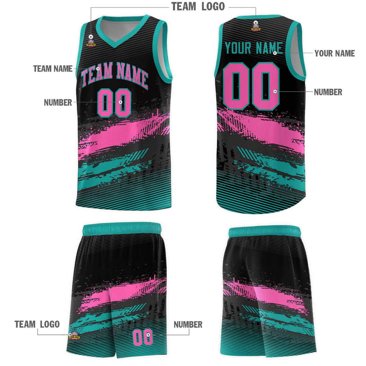 Custom Black Pink and Aqua Graffiti Pattern Sports Uniform Basketball Jersey|KXKSHOP