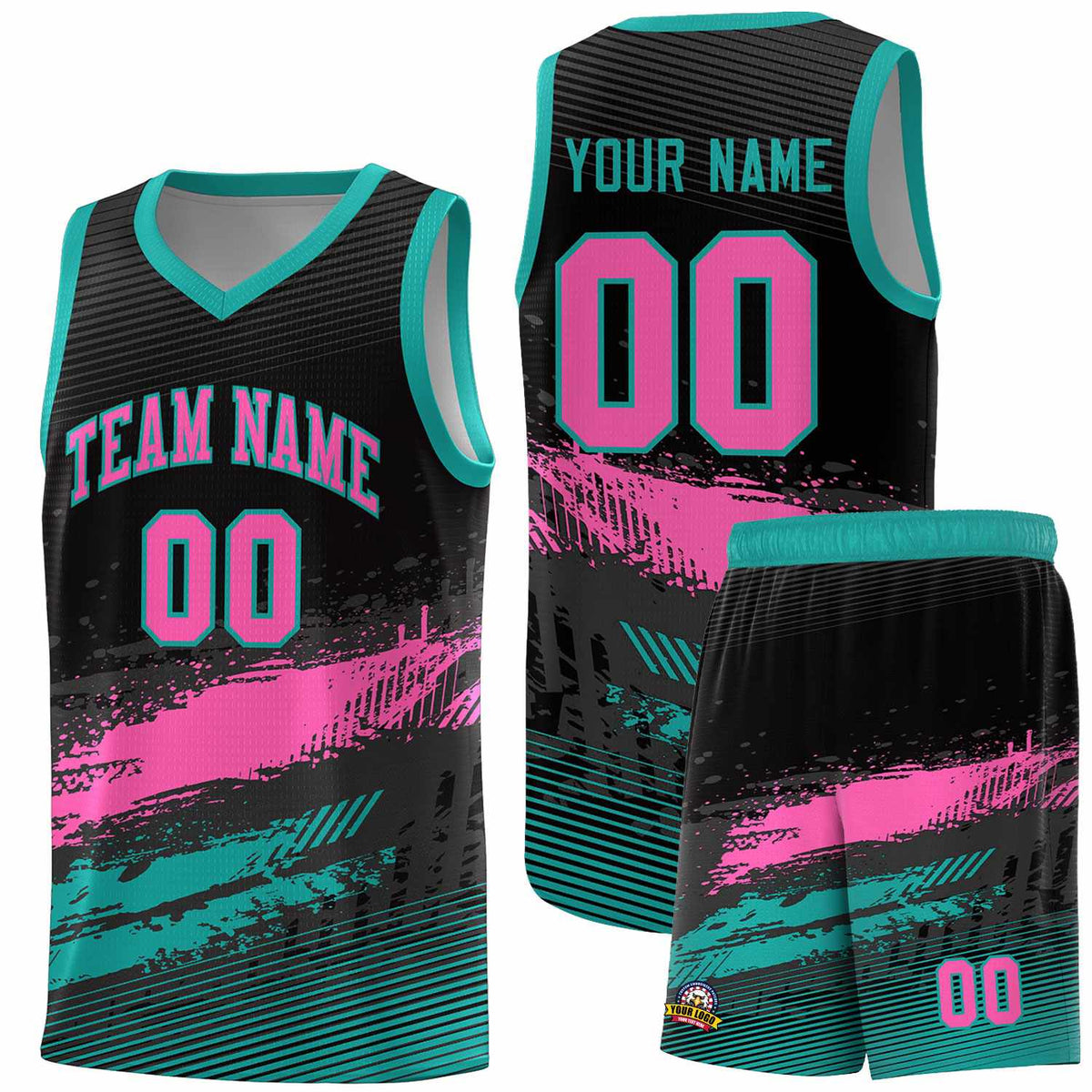 Custom Black Pink and Aqua Graffiti Pattern Sports Uniform Basketball Jersey|KXKSHOP