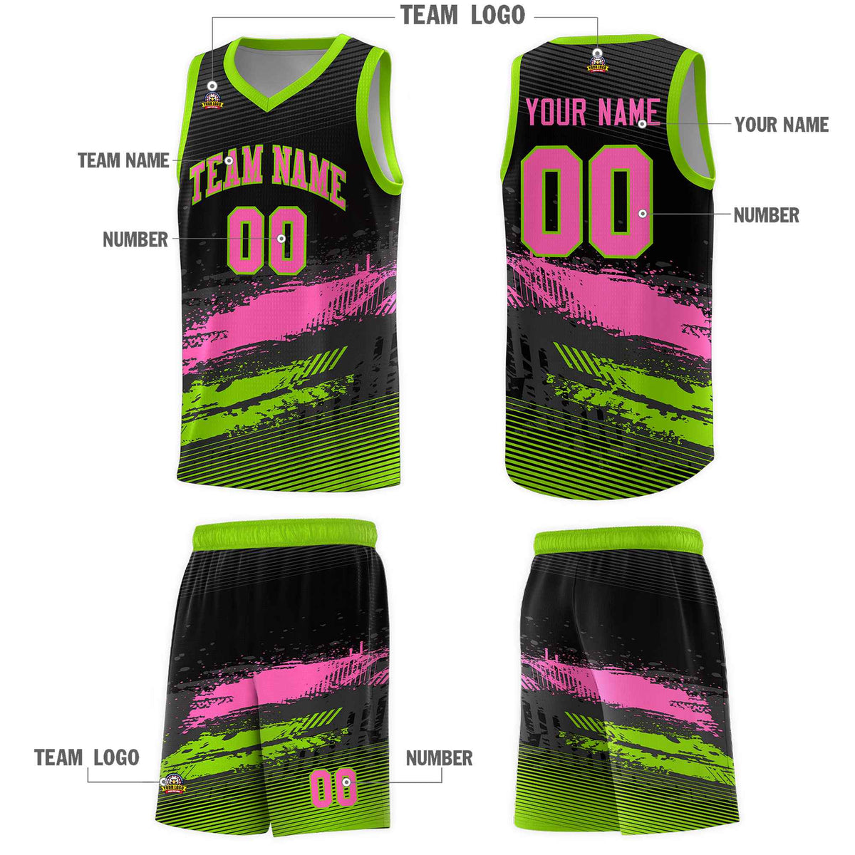 Custom Black Pink and Neon Green Graffiti Pattern Sports Uniform Basketball Jersey|KXKSHOP