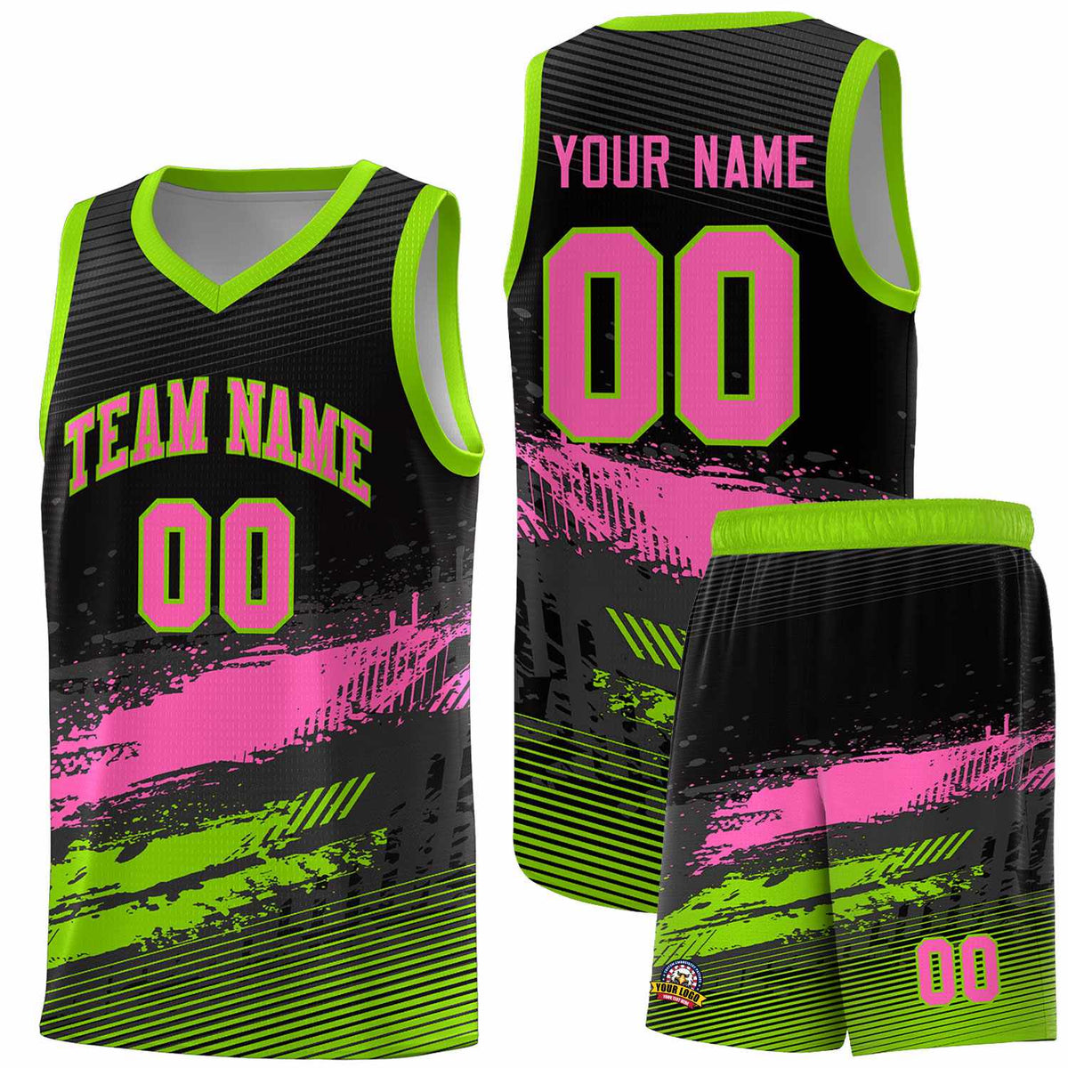 Custom Black Pink and Neon Green Graffiti Pattern Sports Uniform Basketball Jersey|KXKSHOP