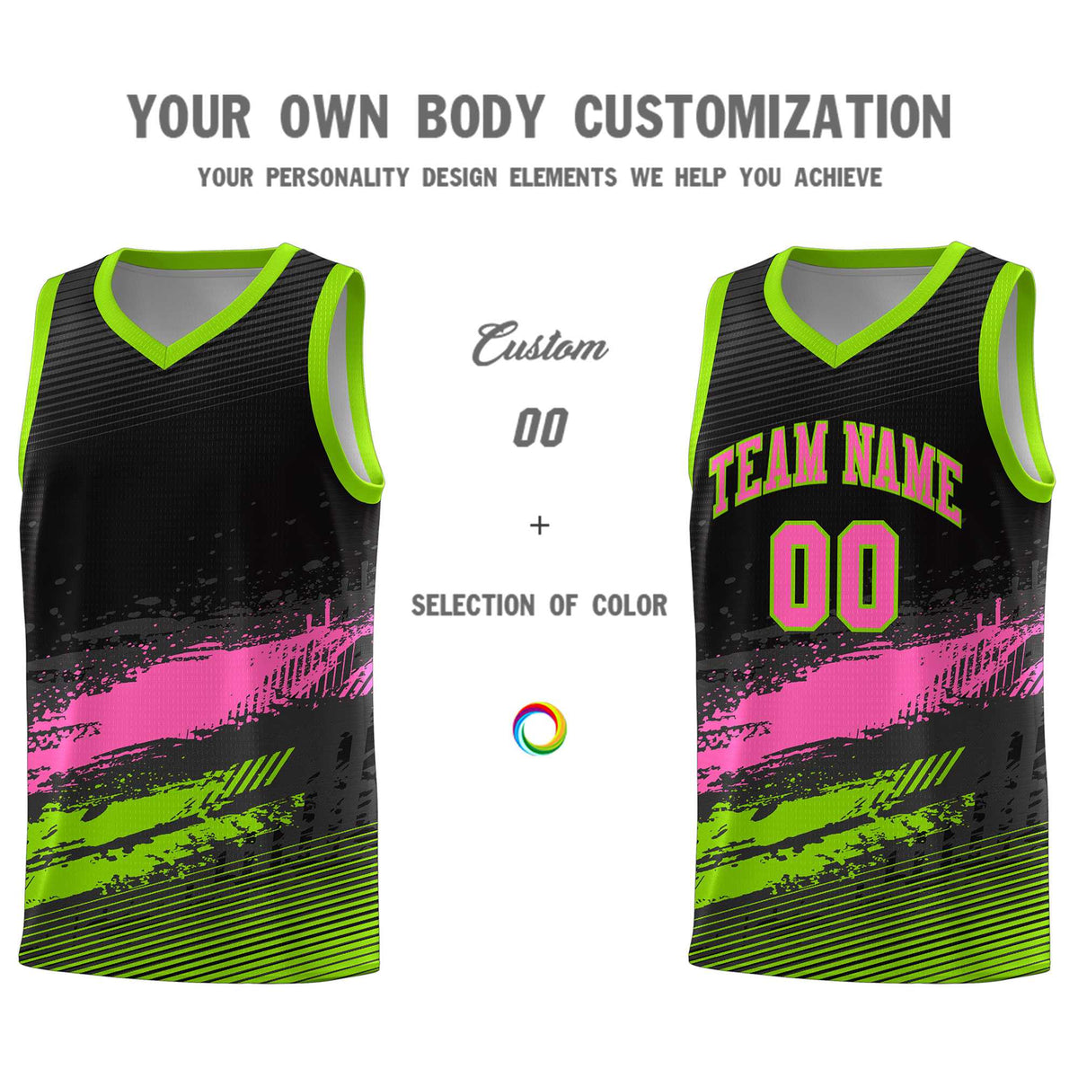 Custom Black Pink and Neon Green Graffiti Pattern Sports Uniform Basketball Jersey|KXKSHOP