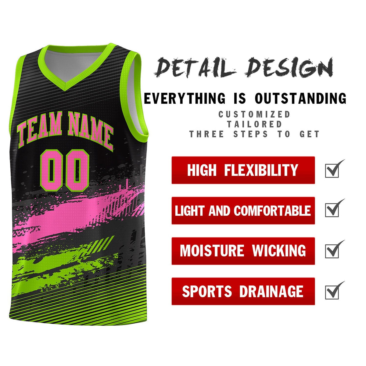 Custom Black Pink and Neon Green Graffiti Pattern Sports Uniform Basketball Jersey|KXKSHOP