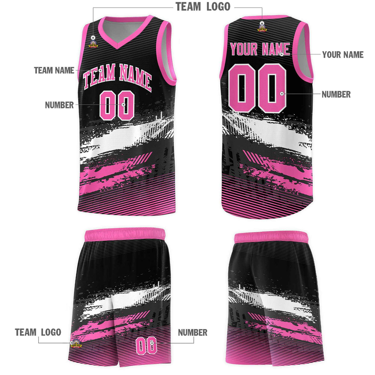 Custom Black White and Pink Graffiti Pattern Sports Uniform Basketball Jersey|KXKSHOP