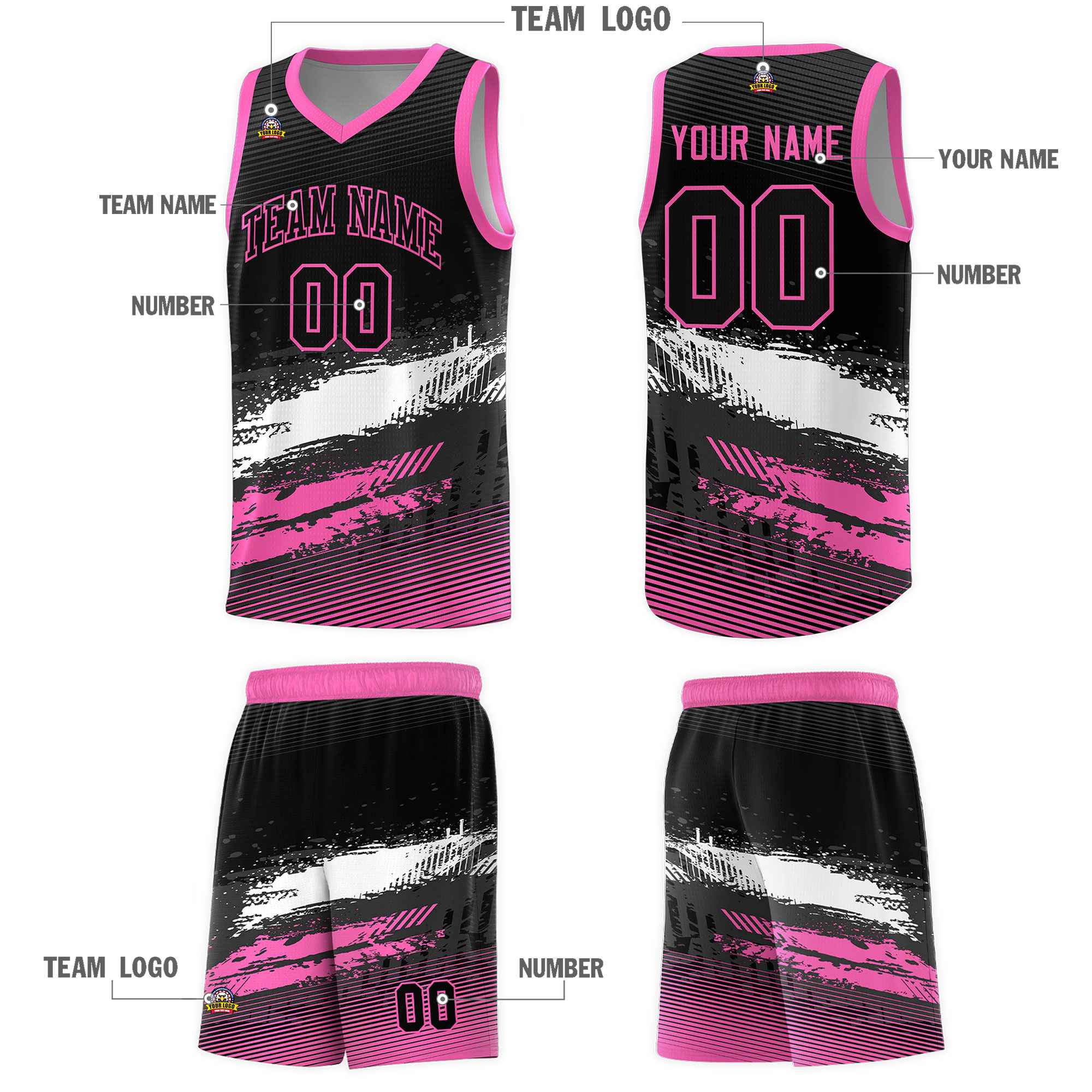 Custom Black White and Pink Graffiti Pattern Sports Uniform Basketball Jersey|KXKSHOP