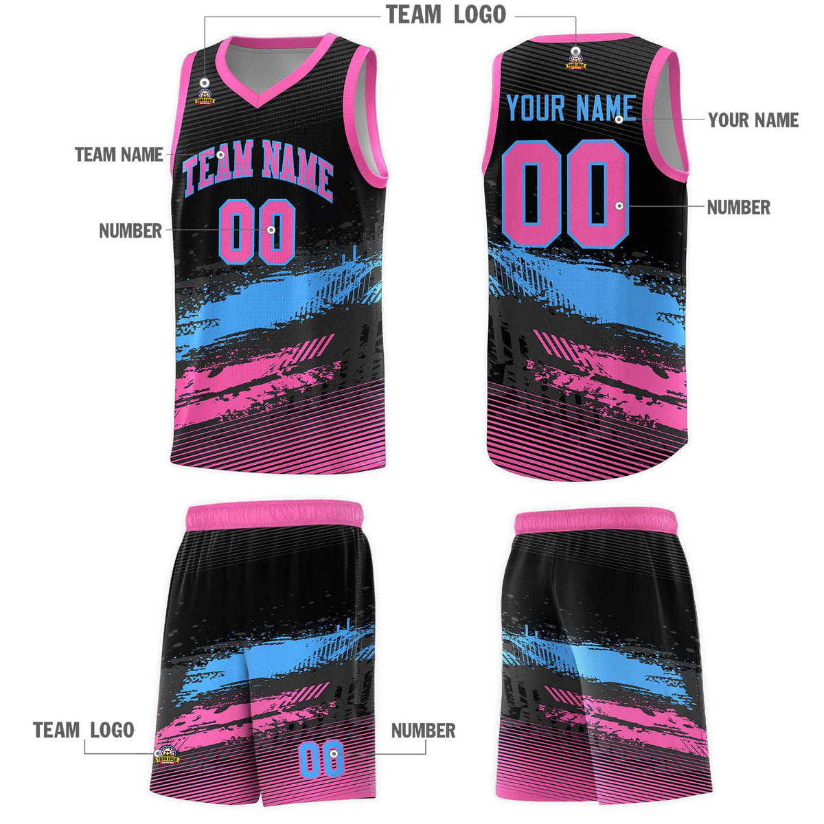 Custom Black Powder Blue and Pink Graffiti Pattern Sports Uniform Basketball Jersey|KXKSHOP
