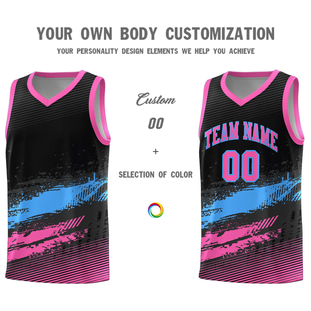 Custom Black Powder Blue and Pink Graffiti Pattern Sports Uniform Basketball Jersey|KXKSHOP