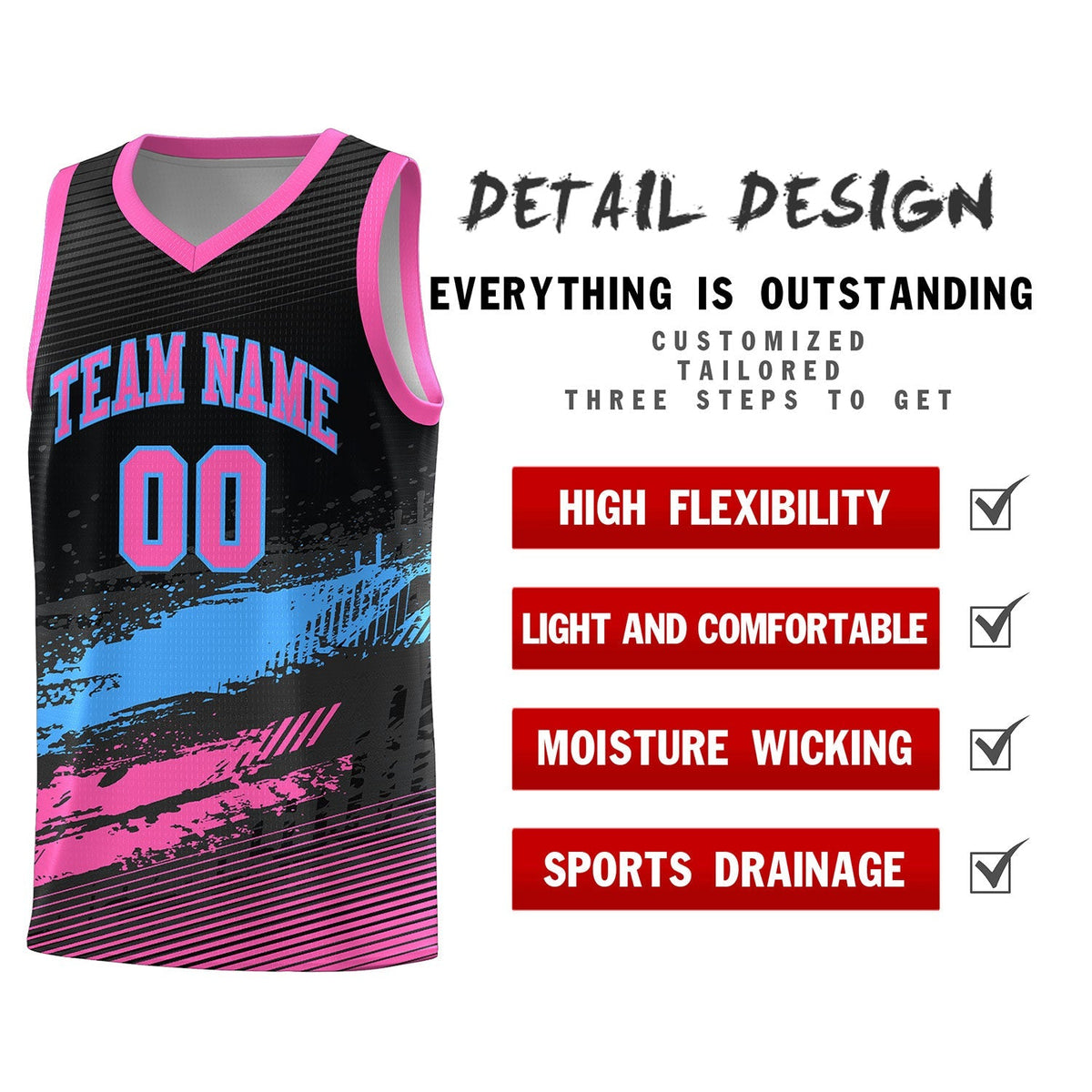 Custom Black Powder Blue and Pink Graffiti Pattern Sports Uniform Basketball Jersey|KXKSHOP