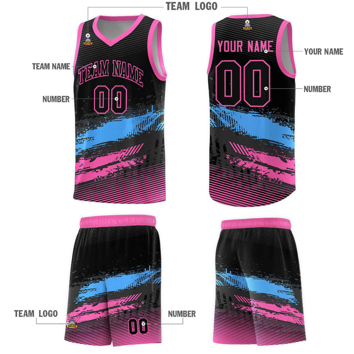 Custom Black Powder Blue and Pink Graffiti Pattern Sports Uniform Basketball Jersey|KXKSHOP