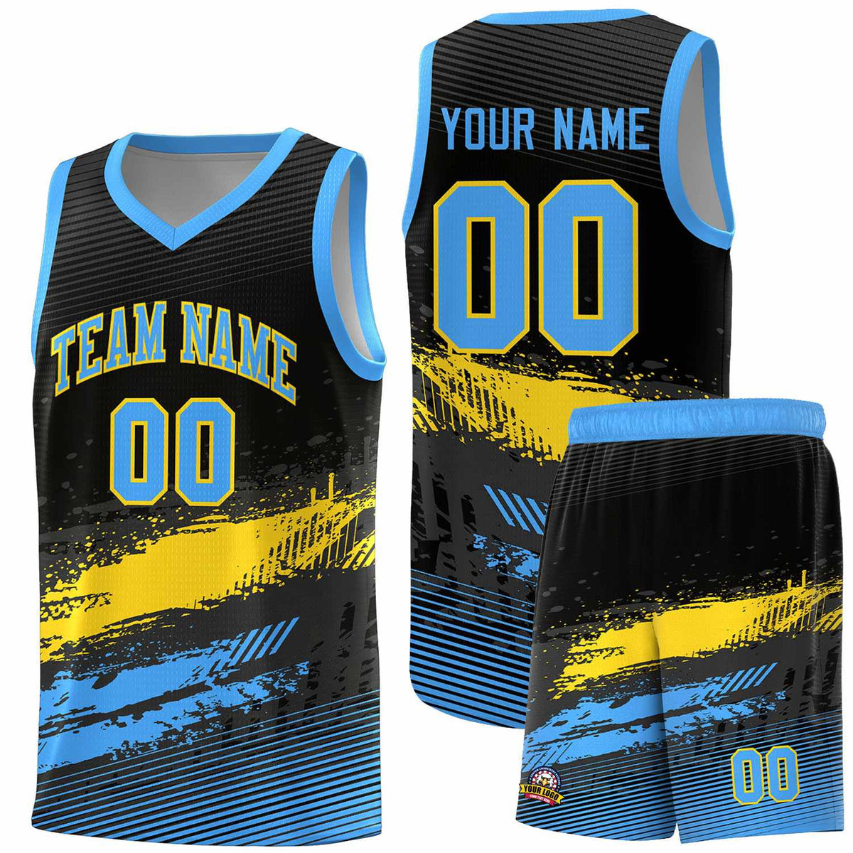 Custom Black Gold and Powder Blue Graffiti Pattern Sports Uniform Basketball Jersey|KXKSHOP