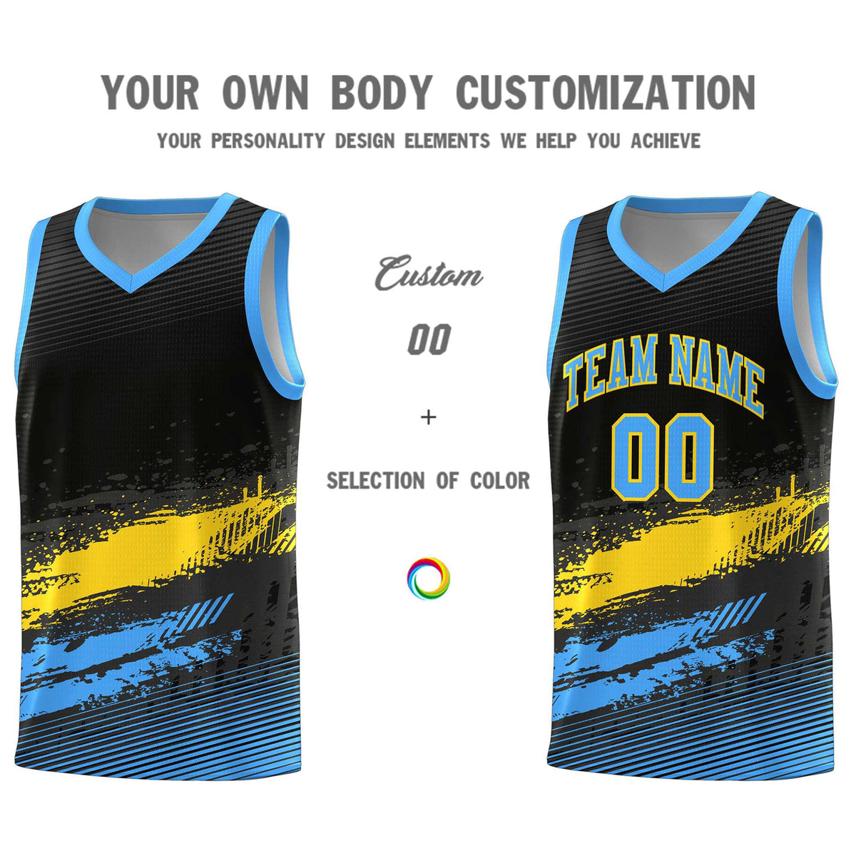 Custom Black Gold and Powder Blue Graffiti Pattern Sports Uniform Basketball Jersey|KXKSHOP